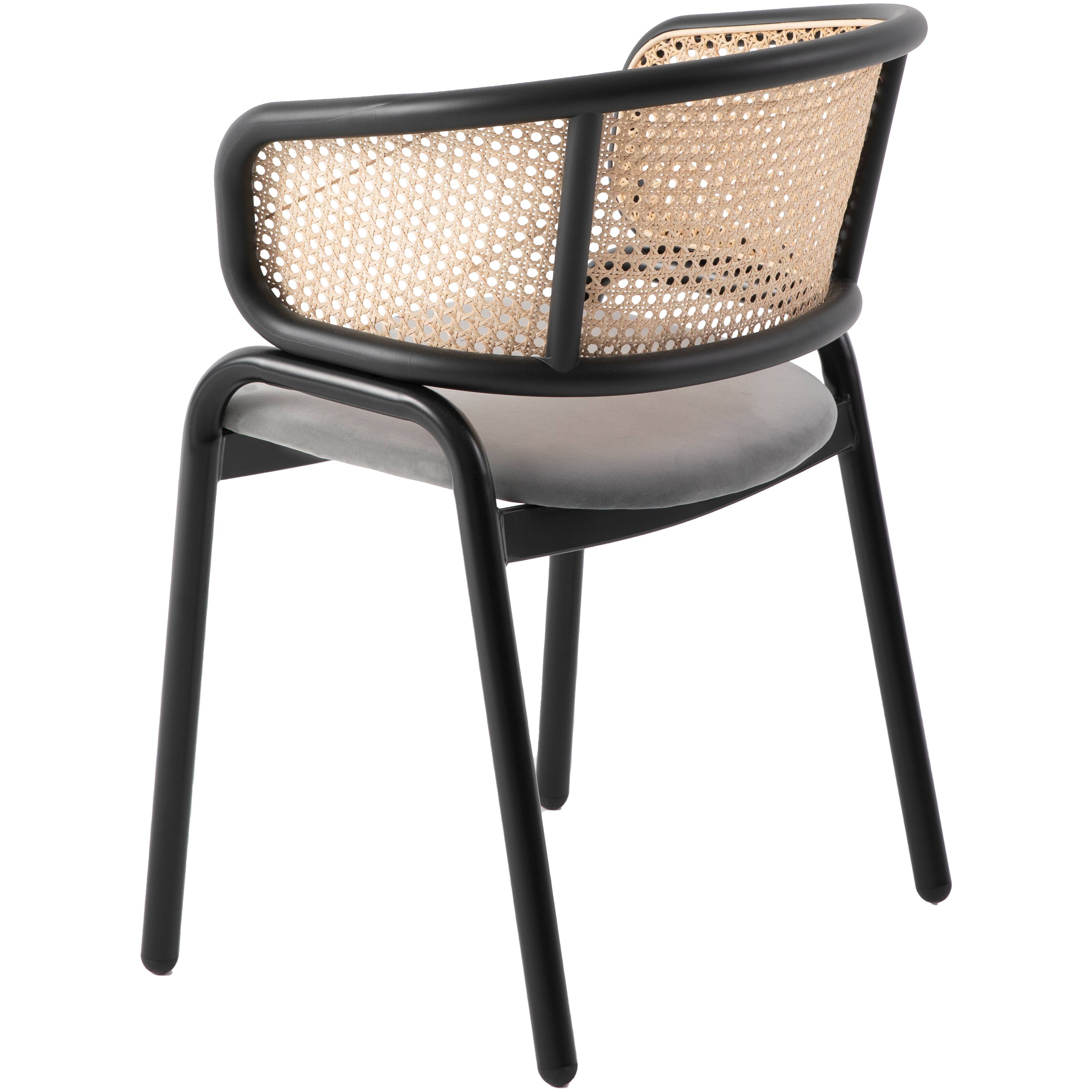 Alt View 1. LeisureMod - Ervilla Mid-Century Modern Dining Arm Chair, Velvet Upholstered Seat with Rattan Back & Metal Base - Grey.