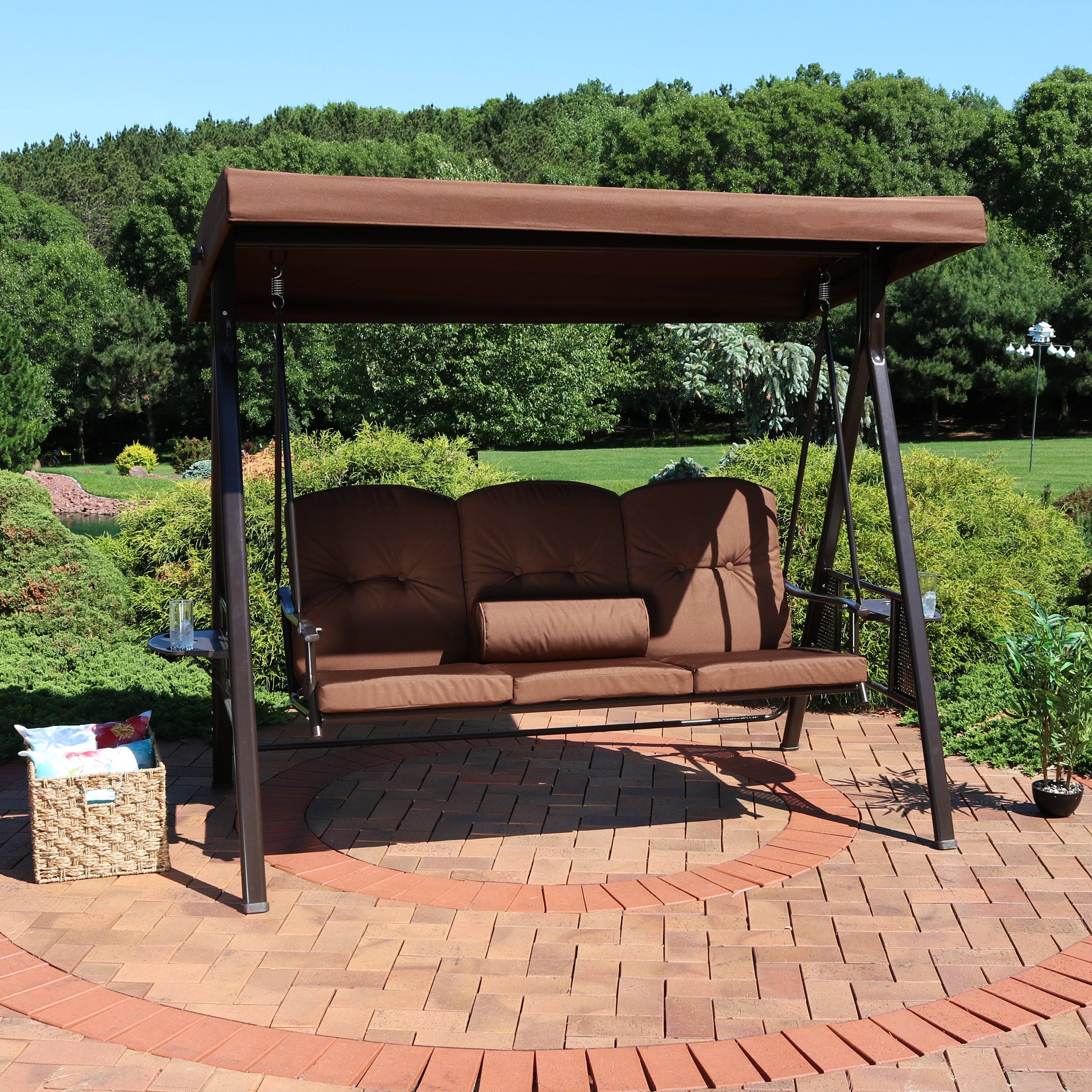 Alt View 3. Sunnydaze - 3-Person Steel Patio Swing Bench with Side Tables/Canopy - Brown.