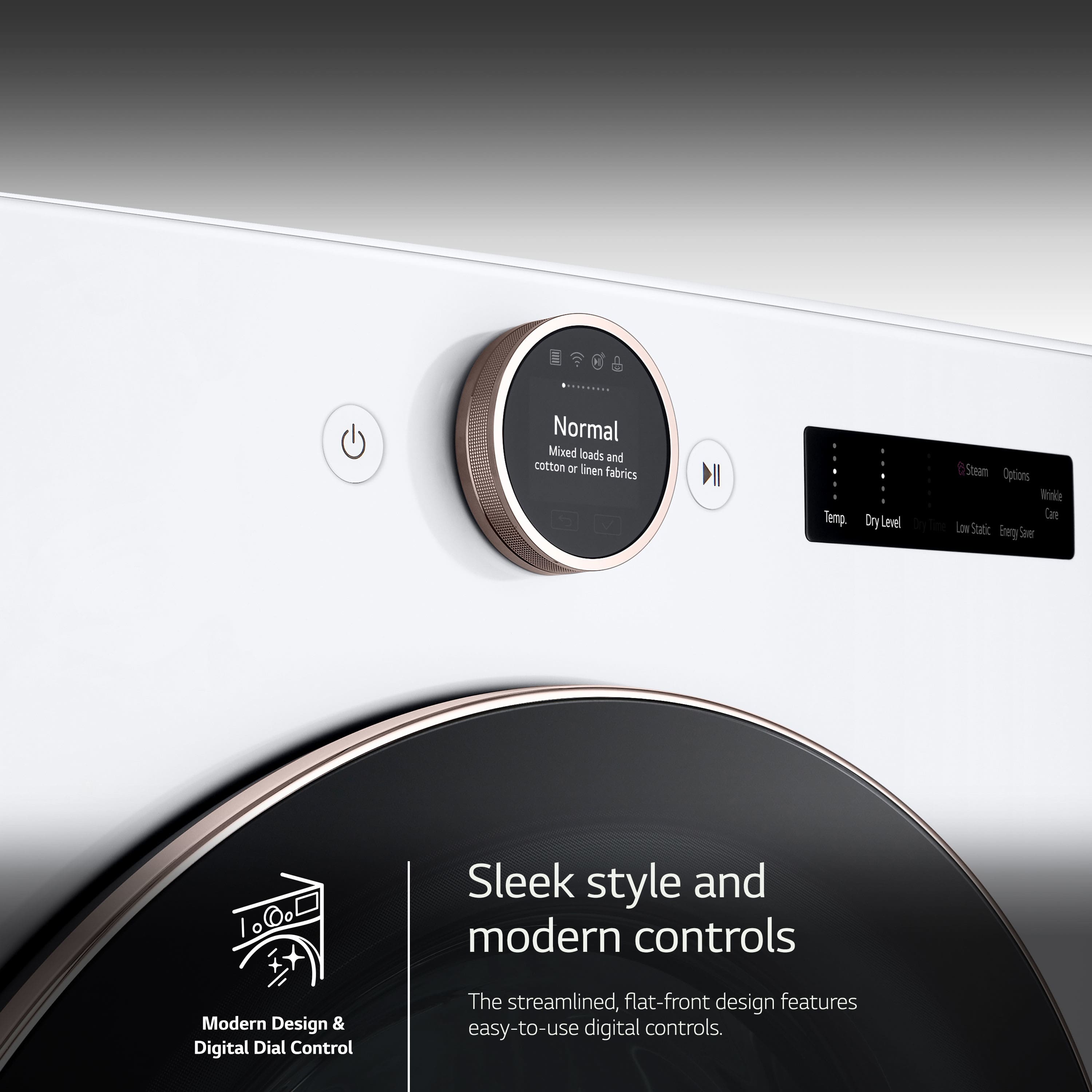 The image features a sleek style and modern controls, showcasing a streamlined, flat-front design with easy-to-use digital controls. The machine is designed for normal mixed loads and cotton or linen fabrics, with a Terp. Dry Level D setting for steam options. The digital dial control offers a variety of settings, including a broiler cream setting and static drying.