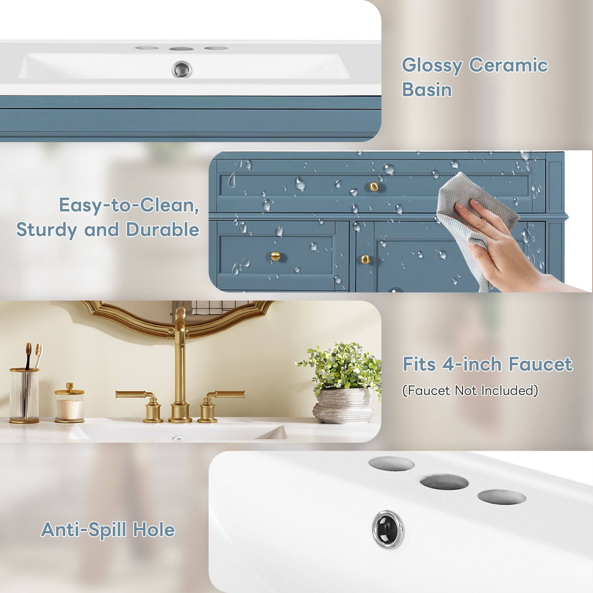 Glossy Ceramic Basin  
Easy-to-Clean, Sturdy and Durable  
Fits 4-inch Faucet (Faucet Not Included)  
Anti-Spill Hole