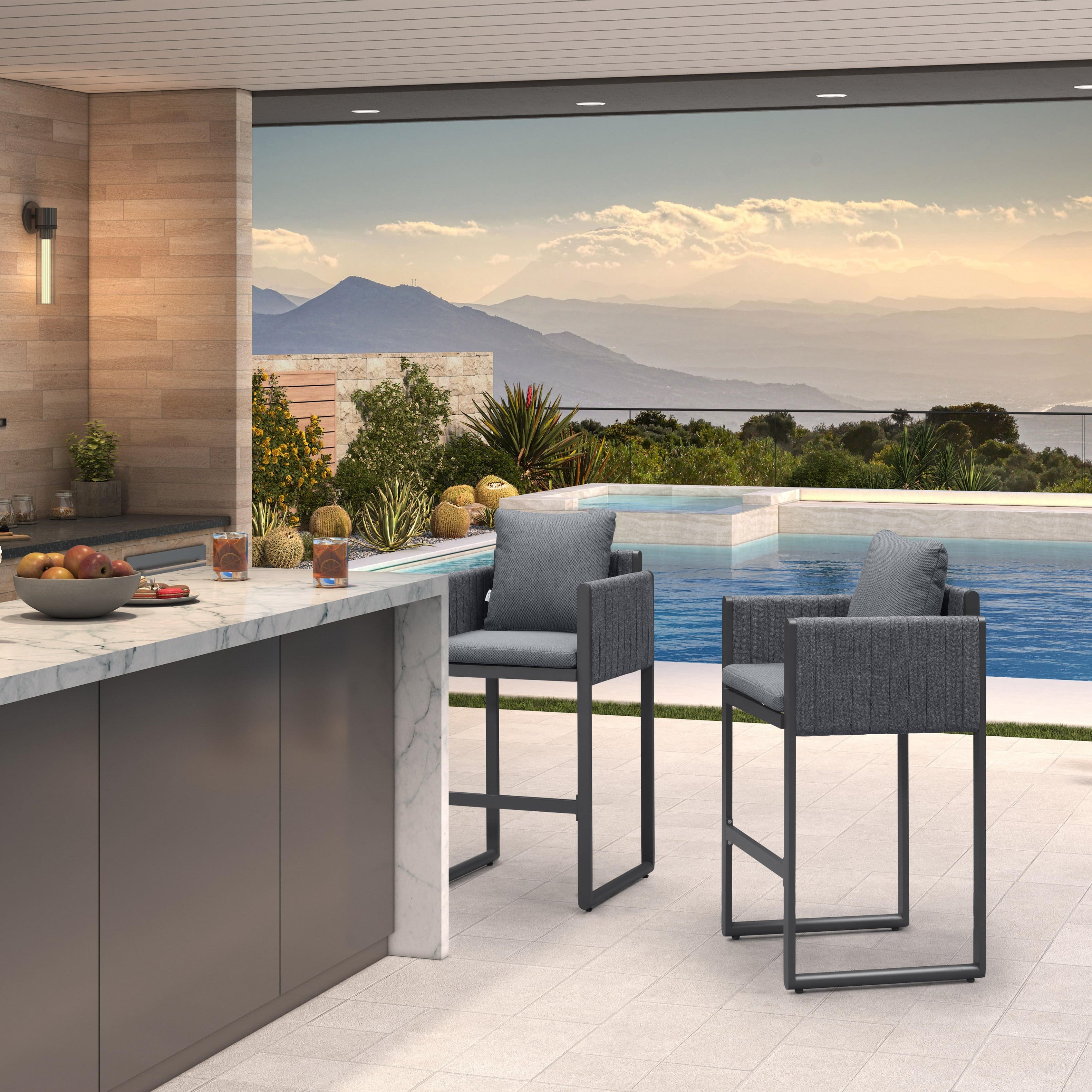 Front. PURPLE LEAF - Outdoor Bar Height Stool Set of 2 Aluminum Modern Olefin Barstools with Backrest Pillow for Garden Balcony Lawn - Grey & Oval Base.