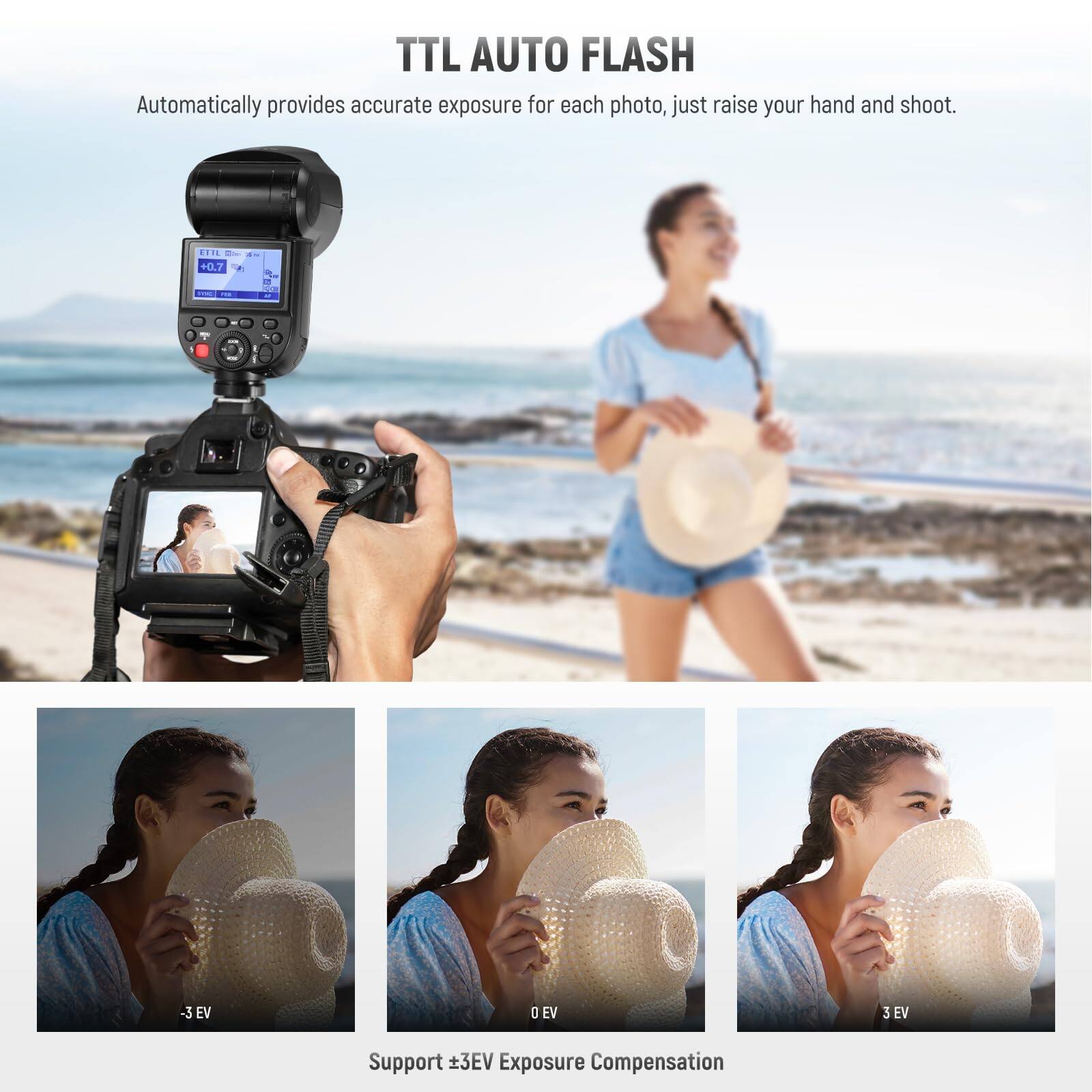 TTL AUTO FLASH  
Automatically provides accurate exposure for each photo, just raise your hand and shoot.  

Support ±3EV Exposure Compensation