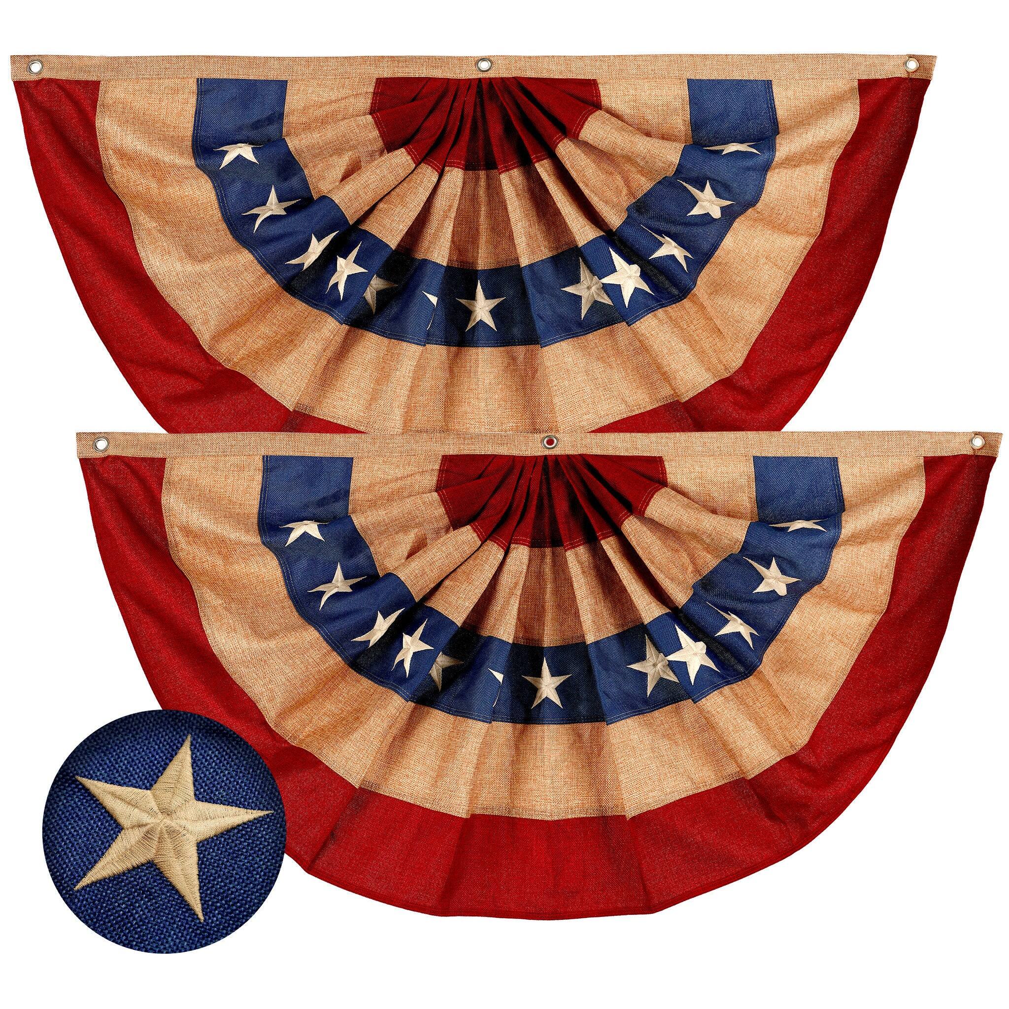 Front. G128 - G128 - 2 Pack: USA Tea Stained Pleated Fan Flag 3x6FT Burlap Embroidered Polyester Stars and Stripes - Red, white, blue (tea stained).