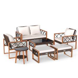 Costway - 7 PCS Patio PE Wicker Furniture Set with Ottomans Cushions and Tables Chair Couch - White