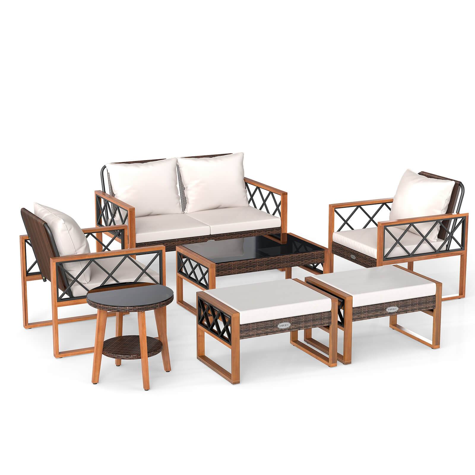 Front. Costway - Costway 7 PCS Patio PE Wicker Furniture Set with Ottomans Cushions and Tables Chair Couch - White.