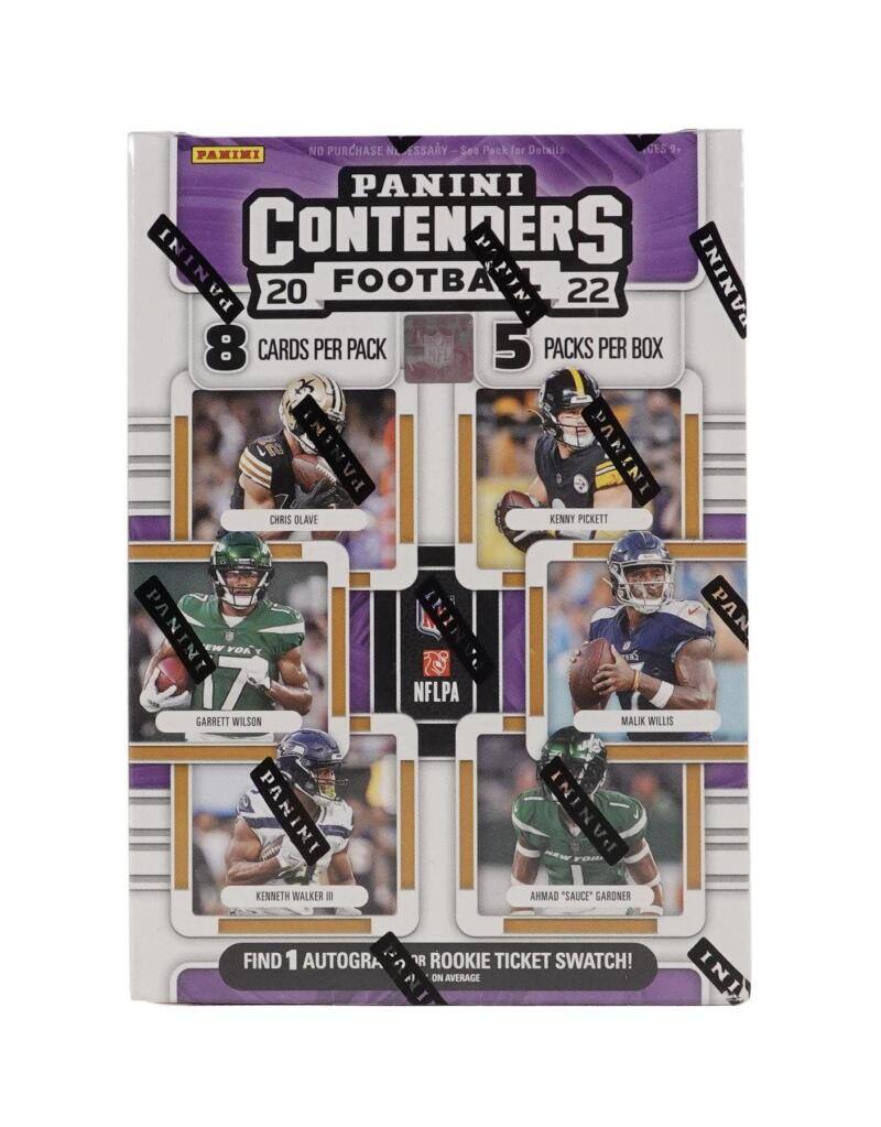 NO PURCHASE NECESSARY

PANINI CONTAINERS
20 FOOTBALL 22

8 CARDS PER PACK
5 PACKS PER BOX

CHRIS OLAVE
KENNY PICKETT
GARRETT WILSON
MALIK WILLIS
KENNETH WALKER III
AHMAD "SAUCE" GARDNER

FIND 1 AUTOGRAPH OR ROOKIE TICKET SWATCH! ON AVERAGE