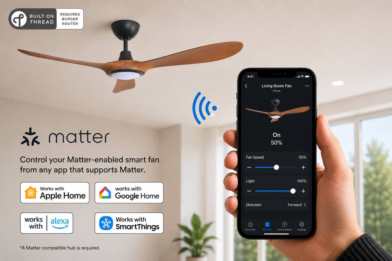 REQUIRES BUILT ON BORDER THREAD ROUTER

9:41

Living Room Fan Home

matter

Control your Matter-enabled smart fan from any app that supports Matter. Works with Apple Home Google Home

Fan Speed Light Direction
50% + 100% + Forward

works alexa with

Works with SmartThings

Favorites
Devices Automations Settings

*A Matter-compatible hub is required.