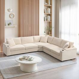 LUCKY ONE - 104" L-Shaped Convertible Corduroy Sectional Sofa w/ Armrest Storage USB Cup Holders - Beige