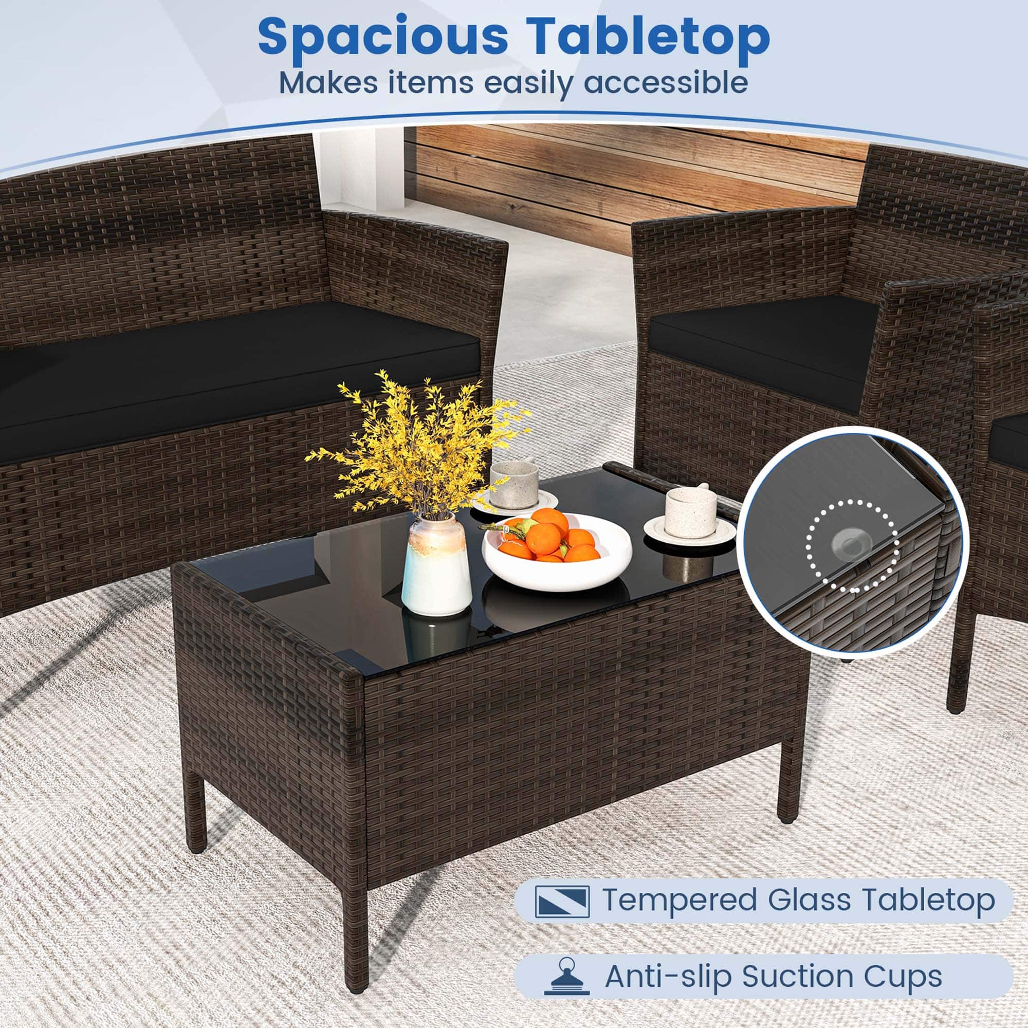 The image features a table with a glass tabletop, which makes items easily accessible. The table is accompanied by two chairs, one on the left and one on the right, creating a comfortable seating arrangement. The table also has a vase with flowers and a bowl of fruit, adding a touch of elegance and freshness to the scene. The tabletop is made of tempered glass, ensuring safety and durability. Additionally, the table has anti-slip suction cups on the bottom, providing stability and preventing the table from moving on slippery surfaces.