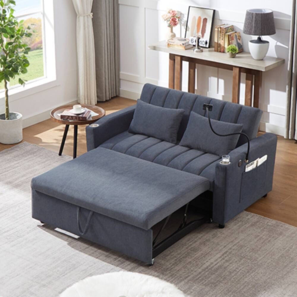 Angle. LUCKY ONE - 55.9" Convertible Loveseat Sofa Bed w/ 3 USB Ports Cup Holders Swivel Phone Holder - Blue-gray.