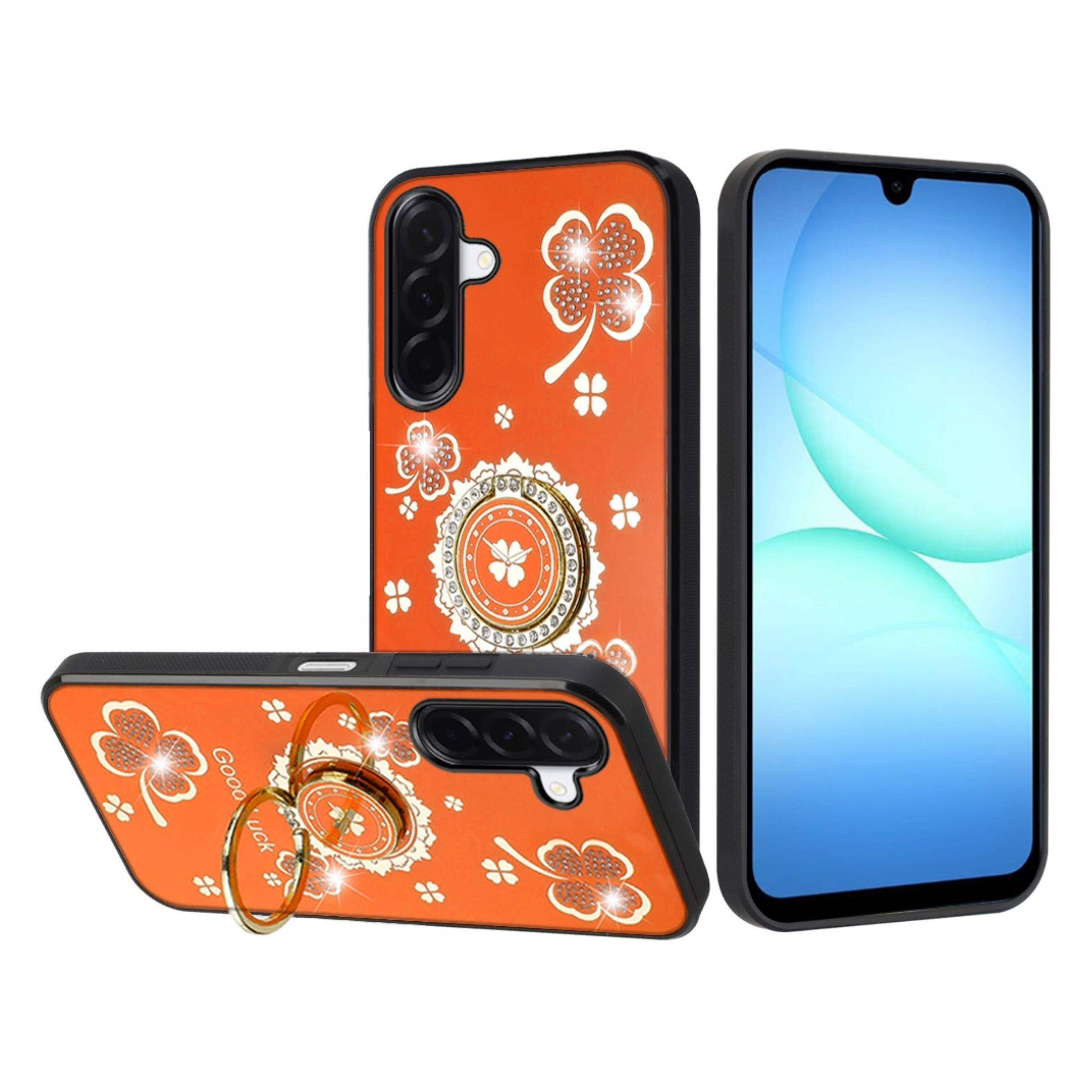 Angle. Kitcheniva - Rhinestone Bling Glitter Clover Design Phone Case With Tempered Glass For Samsung Galaxy A17 5G Cosmic Orange - Cosmic Orange.