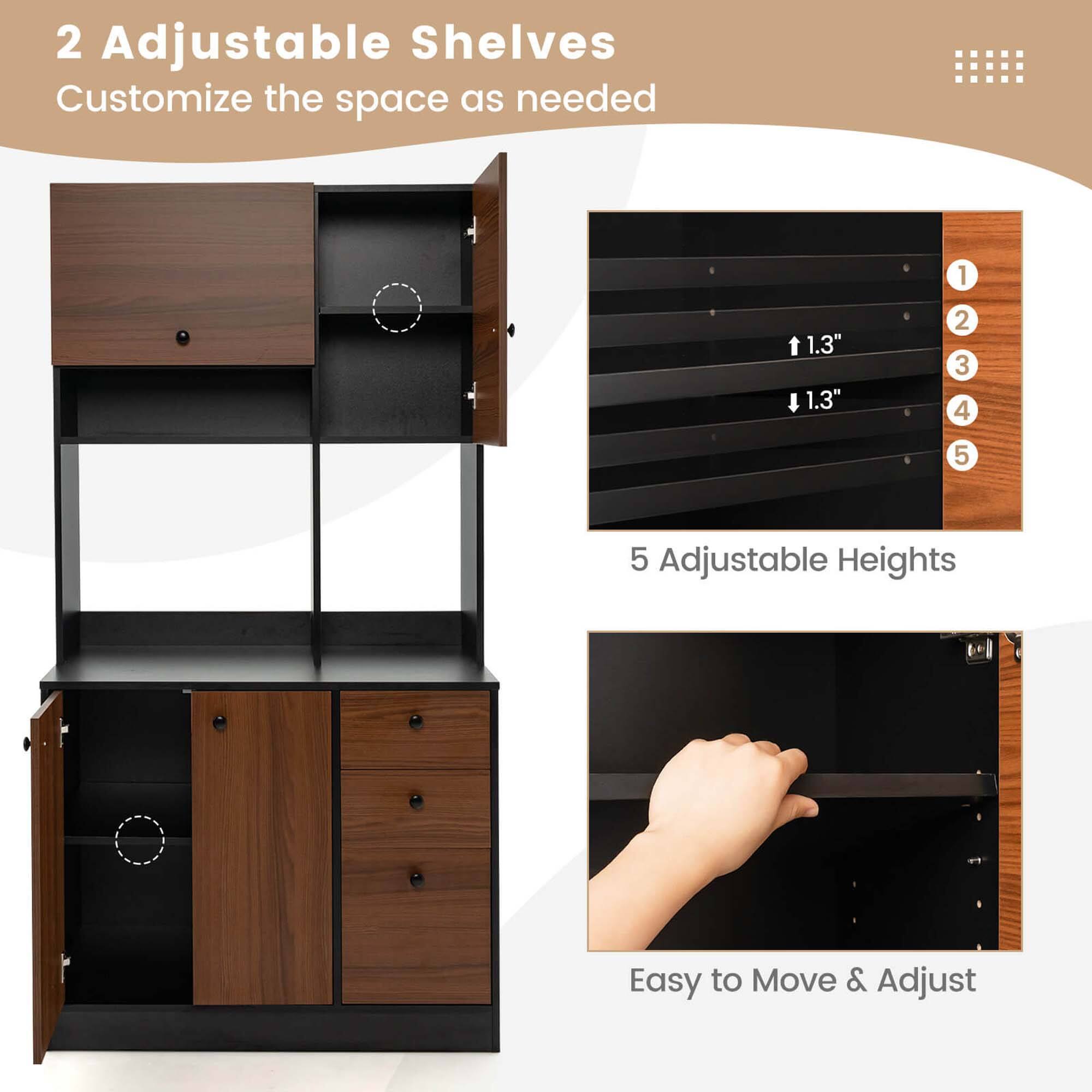 2 Adjustable Shelves Customize the space as needed

5 Adjustable Heights

Easy to Move & Adjust