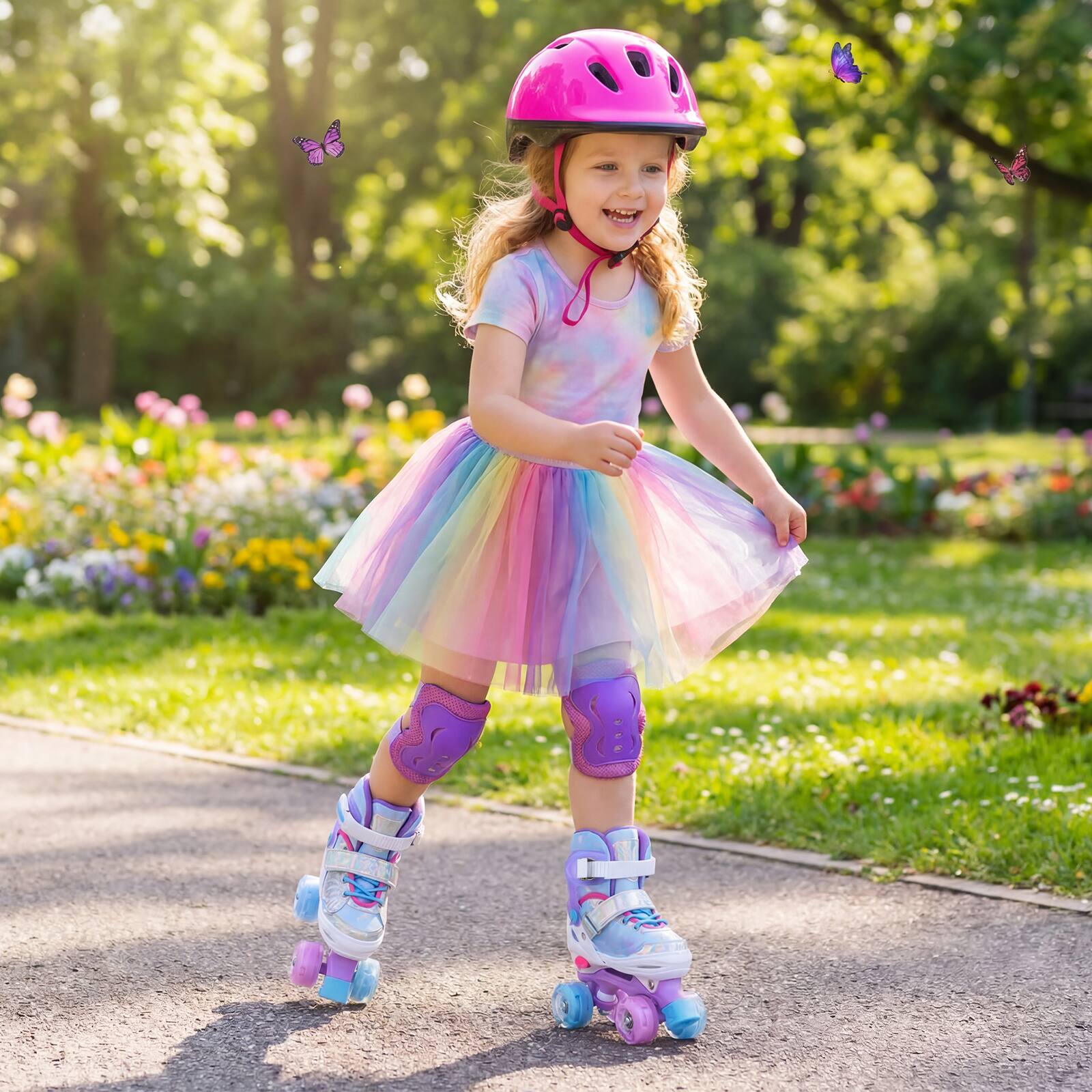 Alt View 3. Costway - Costway Kids Roller Skates 4 Sizes Adjustable Quad Skates with Light-up Wheels for Ages 5-7 - Blue.