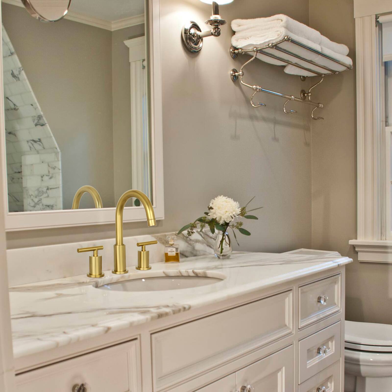 Alt View 5. Akicon - Akicon Solid Brass Double-Handle Widespread Kitchen Faucet in Brushed Gold - Brushed Gold.