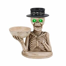 RYHNUYNE - Spooky Halloween Skeleton Figurine with LED Glowing Eyes, Candy Bowl and Candle Holder for Indoor Home Decor - White
