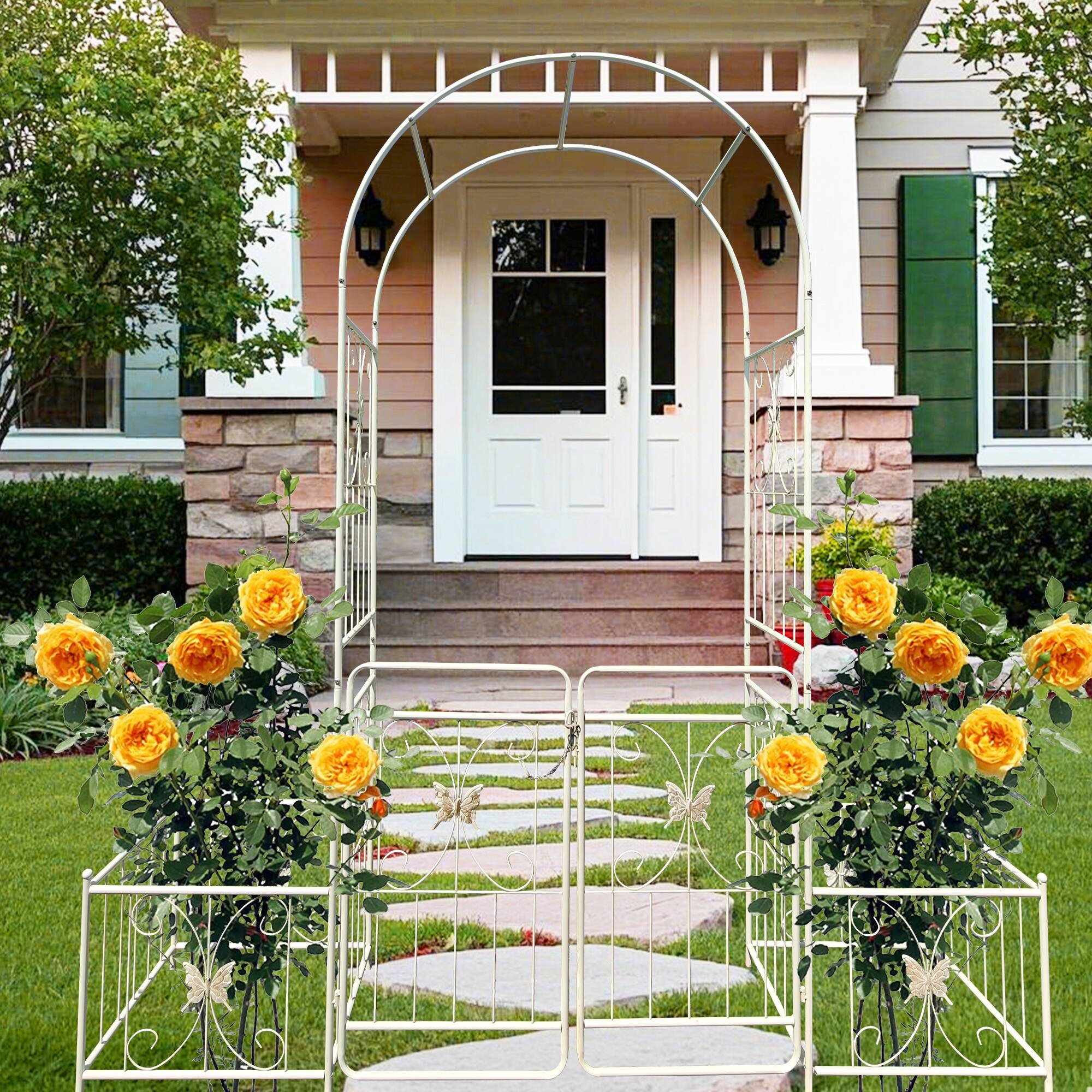 Alt View 6. Loheer - 6.63 ft W x 7.22 ft H Metal Garden Arch with Gate Rose Trellis for Outdoor Garden - Creamy White.