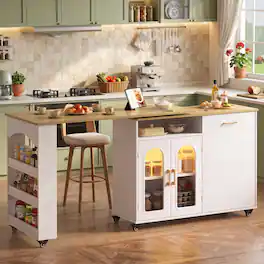 Bestier - Kitchen Island Cart with 360 Degree Rotating Storage Cabinet LED Lights Power Outlet and Shelves - Natual Oak