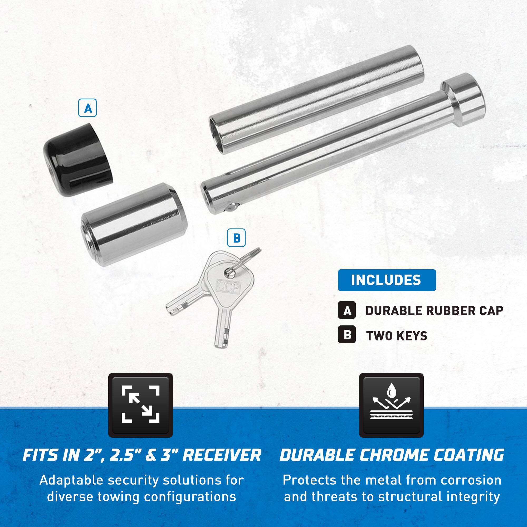 A CCP includes a durable rubber cap, two keys, fits in 2", 2.5" & 3" receiver, durable chrome coating. Adaptable security solutions for diverse towing configurations. Protects the metal from corrosion and threats to structural integrity.