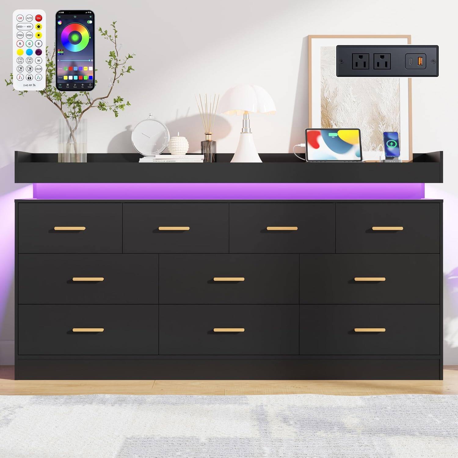 Angle. Espafurni - 10 - Drawer Dresser with LED Light & Charging Station - Modern Chest for Bedroom, Living Room, Entryway & Hallway - Black.