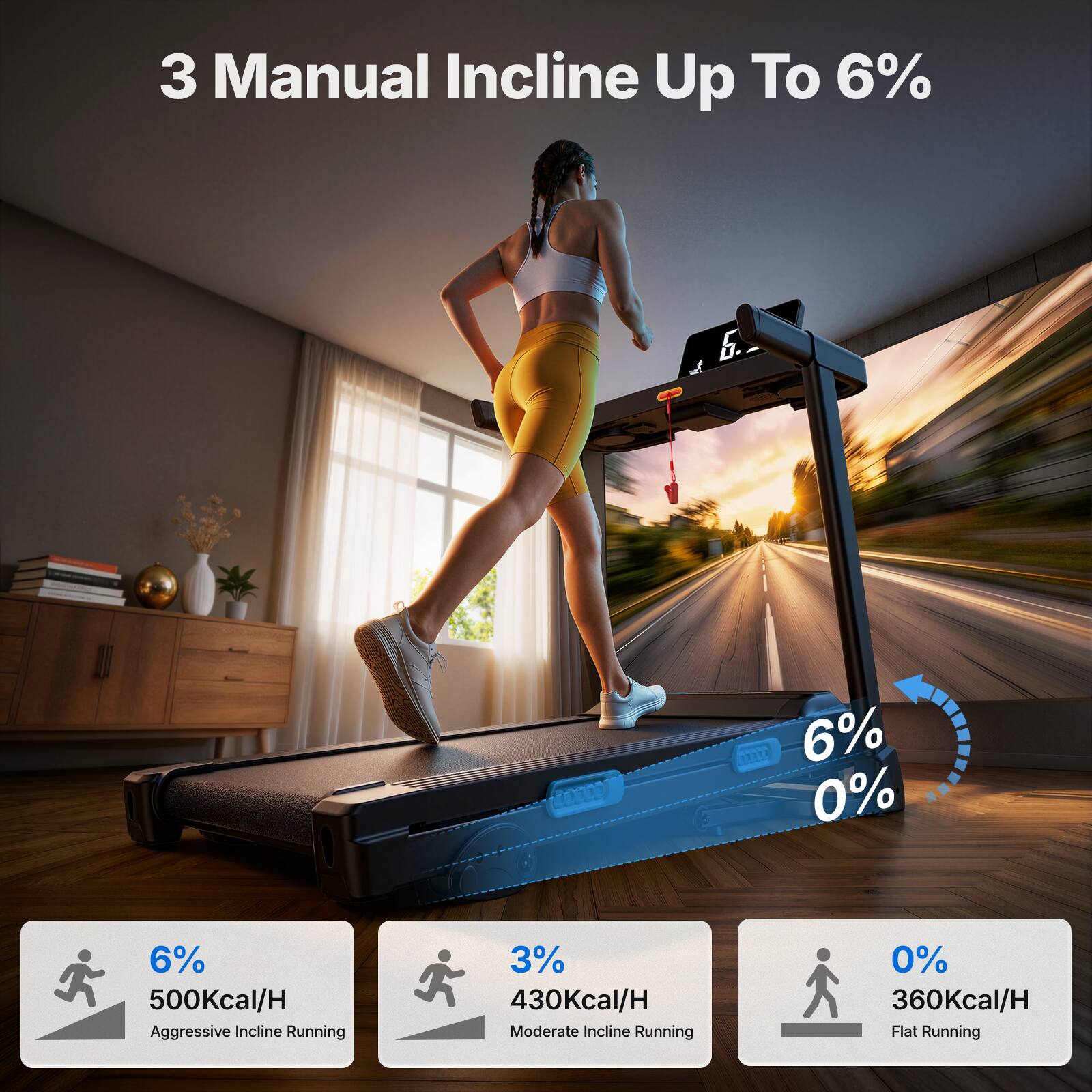 3 Manual Incline Up To 6%  
6% 500Kcal/H Aggressive Incline Running  
3% 430Kcal/H Moderate Incline Running  
0% 360Kcal/H Flat Running