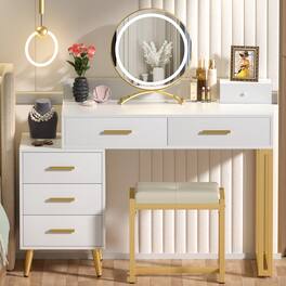 Aheaplus - Modern Vanity Desk with LED Mirror & 6 Drawers - Includes Cushioned Stool & Organizers for Bedroom - White