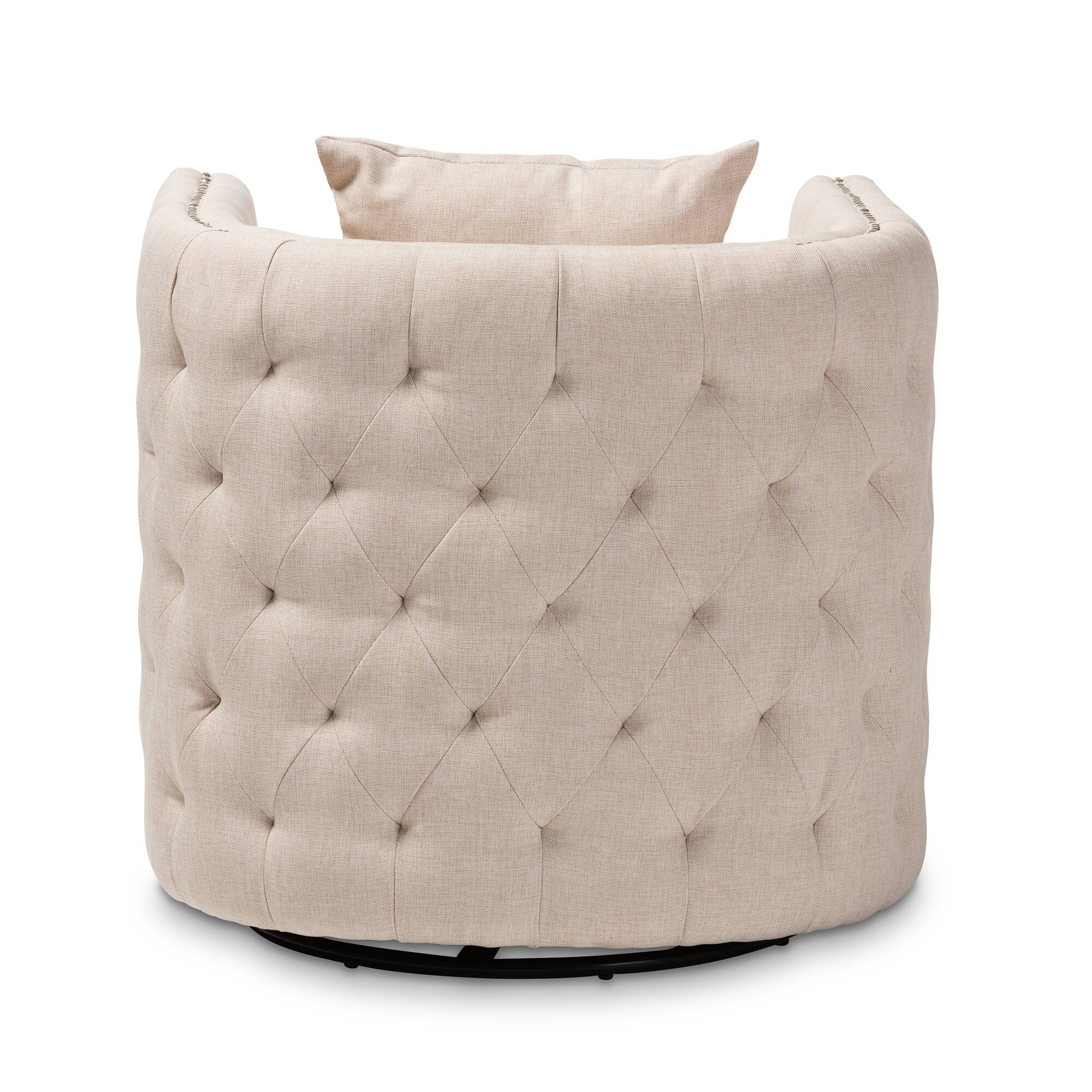 Back. Baxton Studio - Micah Modern and Contemporary Fabric Upholstered Tufted Swivel Chair - Beige.