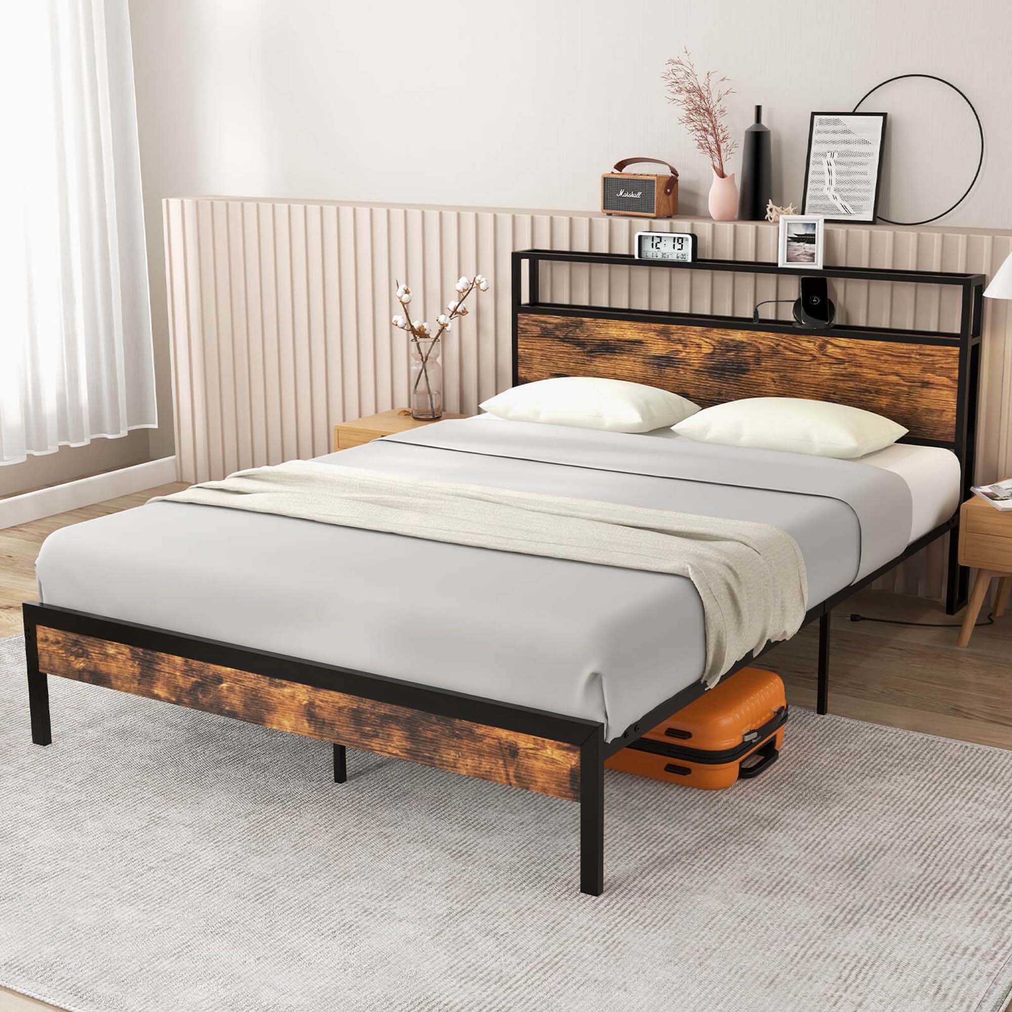 Alt View 2. Costway - Queen Bed Frame with Storage Headboard Charging Station 18W USB C Port Rustic - Brown.