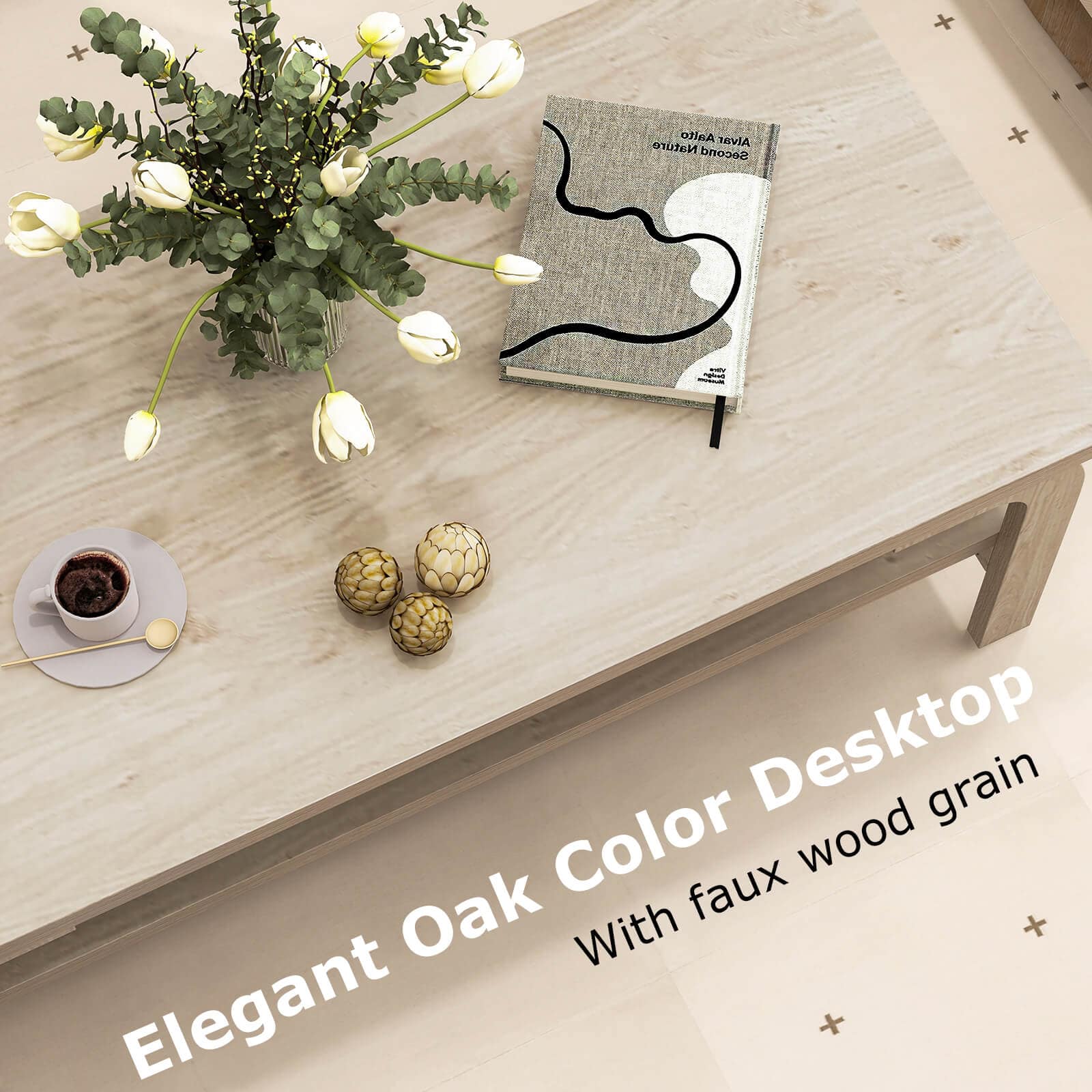 The text on the image reads "Elegant Oak Color Desktop with Faux Wood Grain."