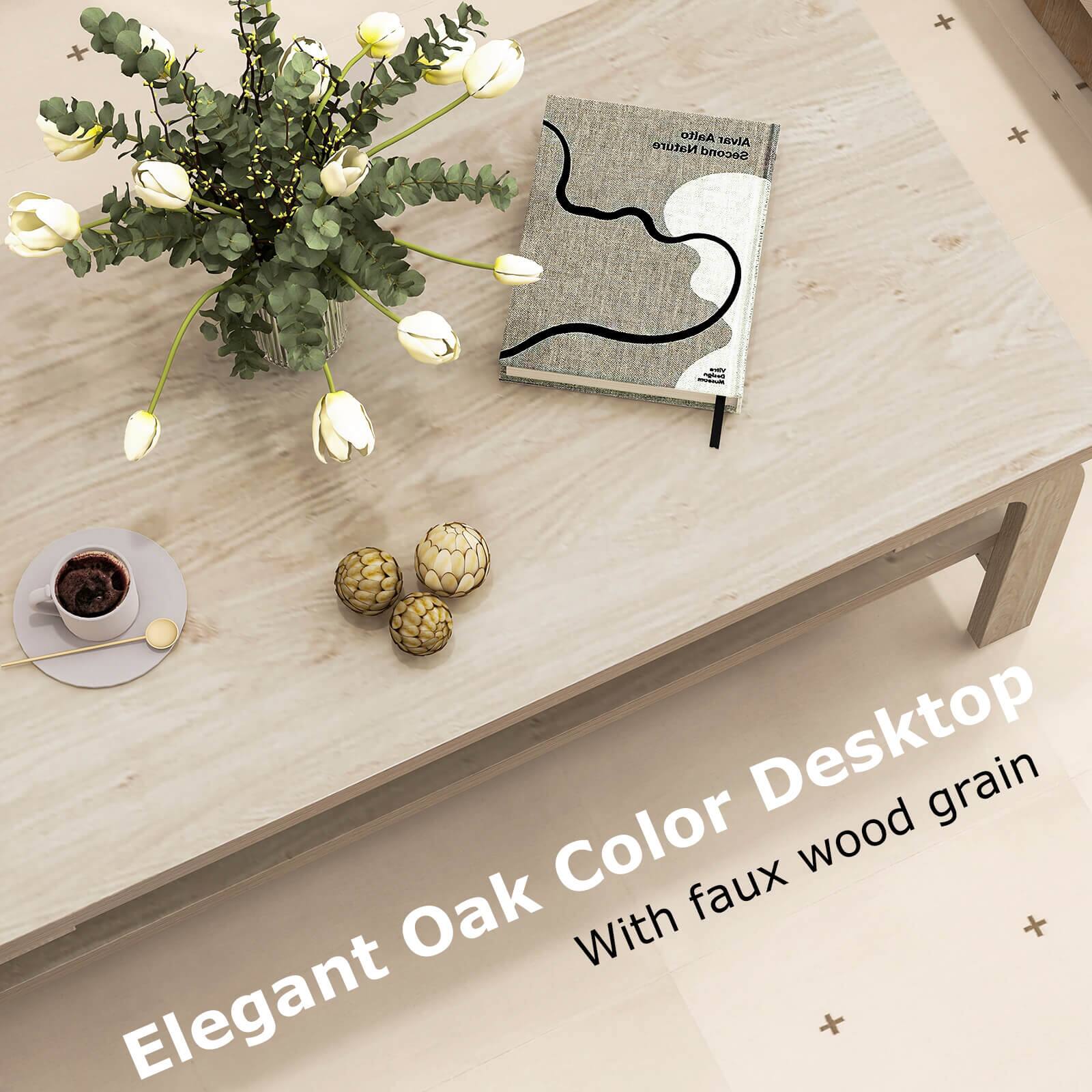 The text on the image reads "Elegant Oak Color Desktop with Faux Wood Grain."