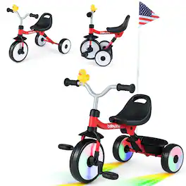 Costway - 3-in-1 Kids Tricycle with Lighted Wheels Folding Toddler Trike with Adjustable Seat - Red