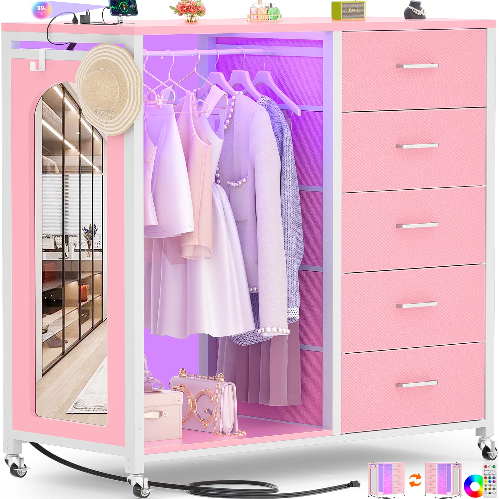 Aheaplus - 5 Drawer Dresser with Power Outlet and LED Light, Storage Chest with Hanging Rod & Mirror, with Wheels - Pink