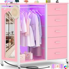 Front. Aheaplus - 5 Drawer Dresser with Power Outlet and LED Light, Storage Chest with Hanging Rod & Mirror, with Wheels - Pink.