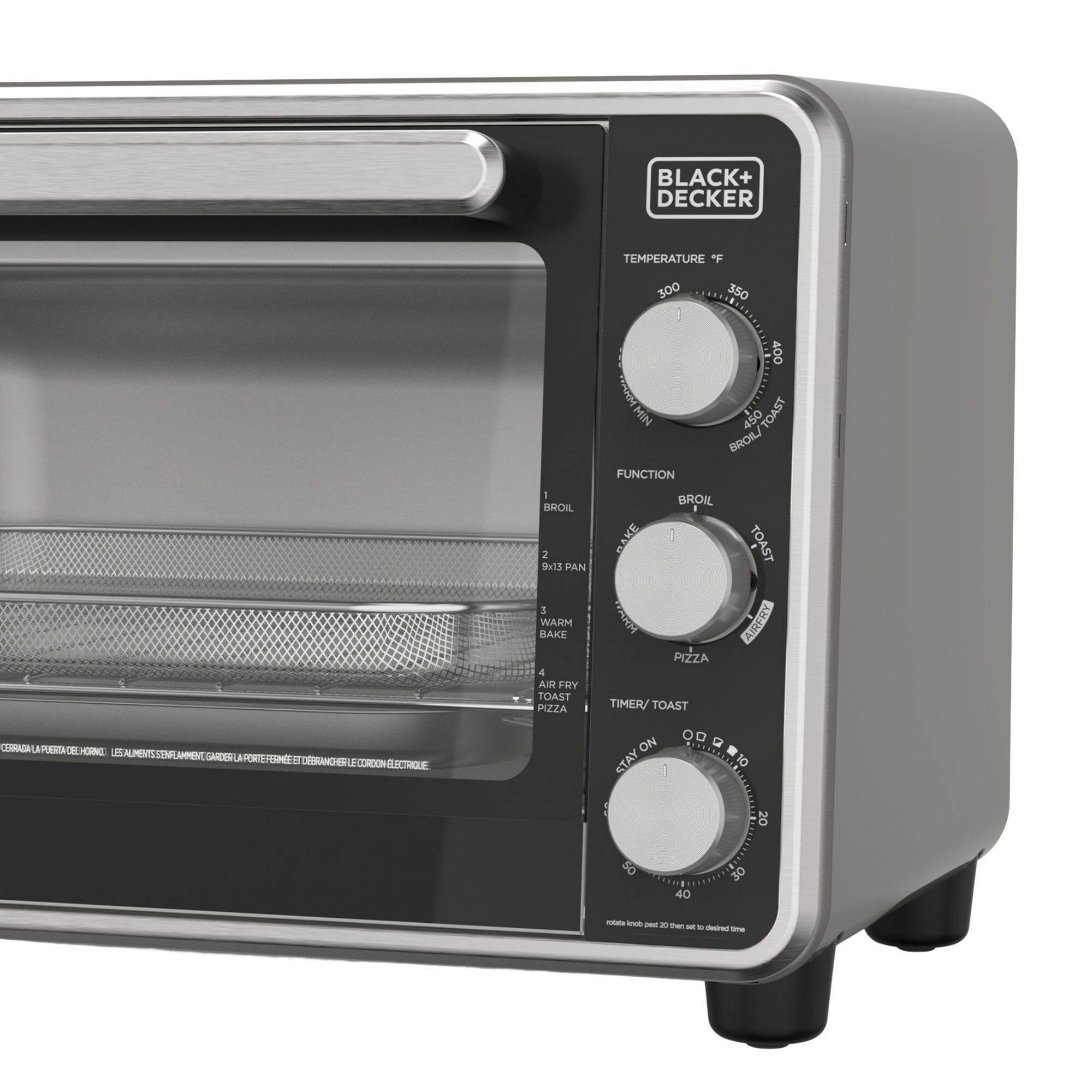 BLACK+ DECKER TEMPERATURE F 300 350 400 450 Hn MIN FUNCTION BROIL/ AGARAD de LM PURNTA dE HON uS ALMENTS LAMMENT GARDER U FORT UE 11 DEDRANCH - LECORCION ELECTRIQUE - BROIL 2 B5s PAN 1 WARM BAKE 4 AIR FRY TOAST PIZZA BROIL JR 1 TOAST AM AIRERY PIZZA TIMER/ TOAST ON 001 STAY TO 1 20 50 LIETISE 30 *S91 40 - - - - than - - - -