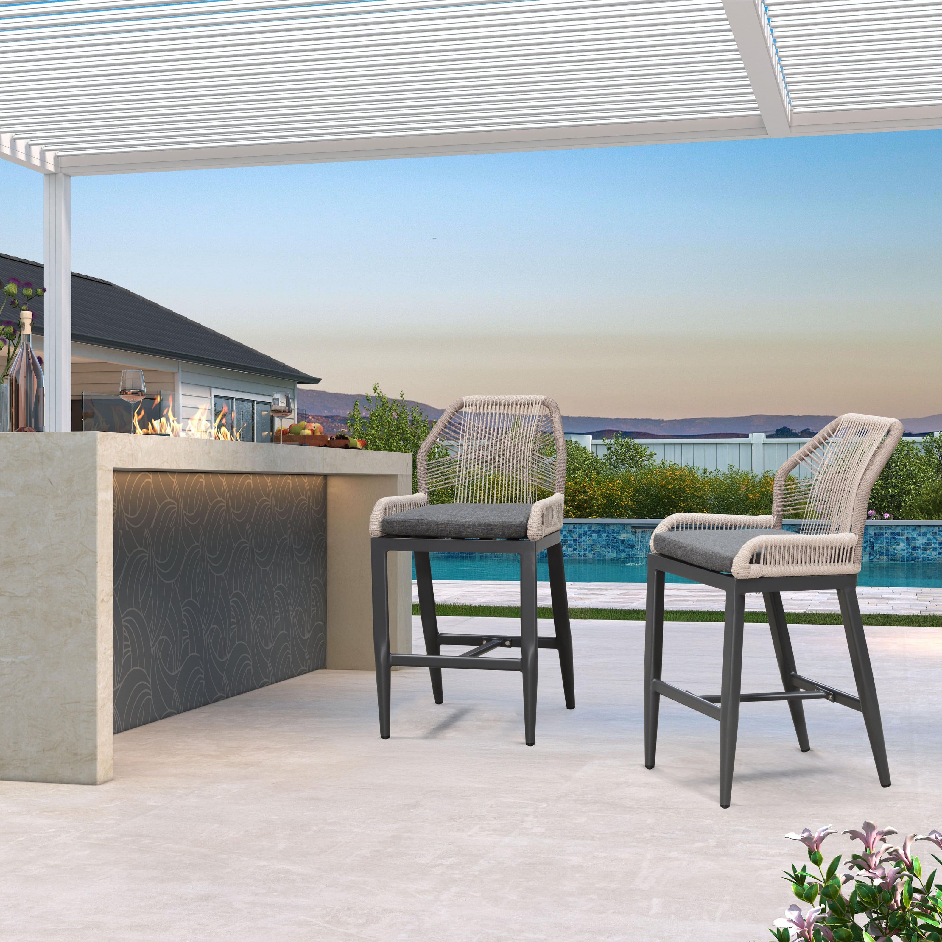 PURPLE LEAF - Patio Outdoor Bar Stool Bar/Counter Height Set of 2 Rattan Chair with Back Modern Aluminum Woven Barstools for Garden - Grey-Counter Stool