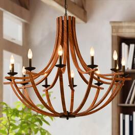 RYHNUYNE - 40"Farmhouse Chandelier,12-Light Dining Room Light Fixture,Rustic Chandelier Wooden Light Fixtures for Living Room - Brown