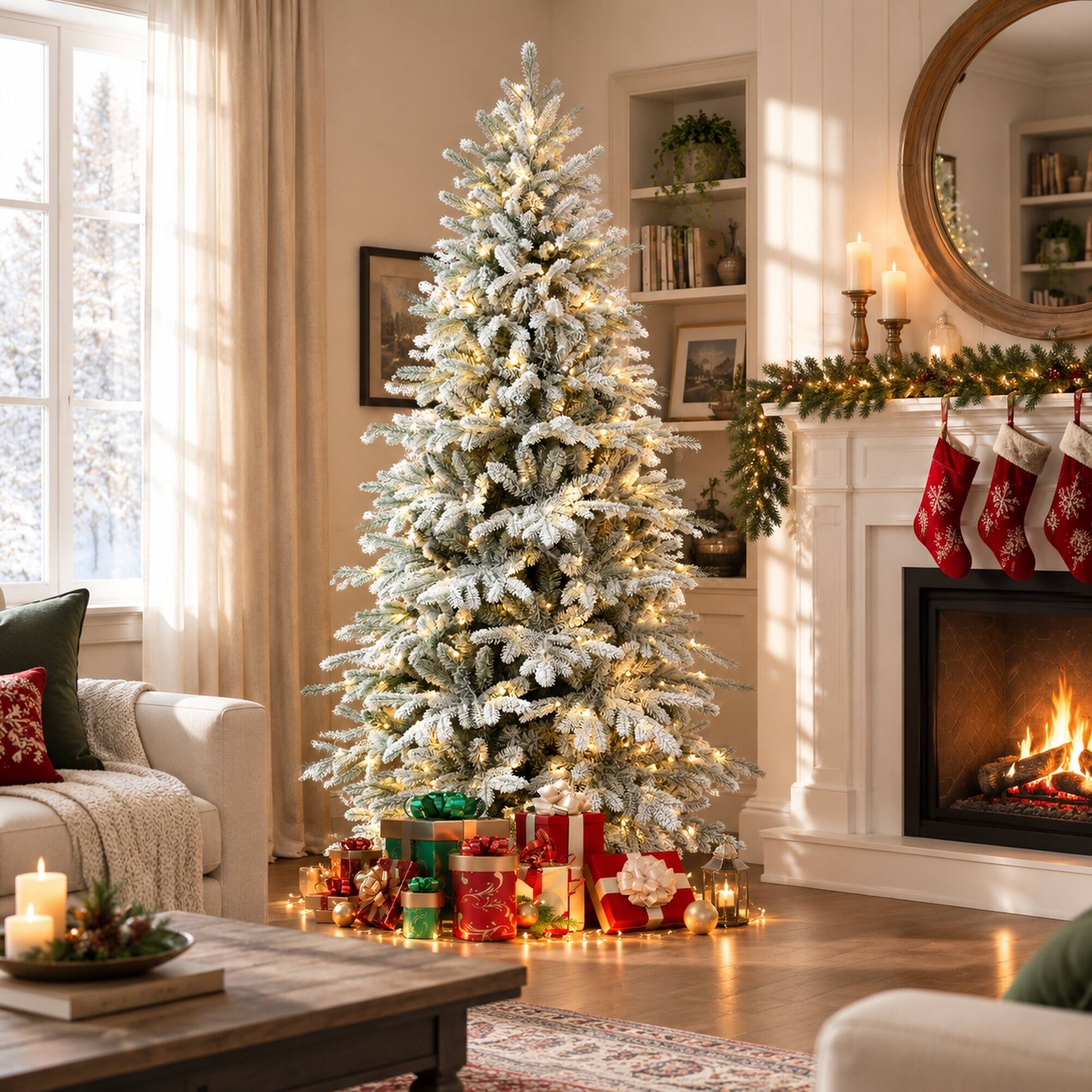 Angle. RYHNUYNE - 6FT Pre-Lit Flocked Christmas Tree With 300 Two-Color LED Lights and 1582 Tips, 9 Modes and Metal Stand - Green,White.