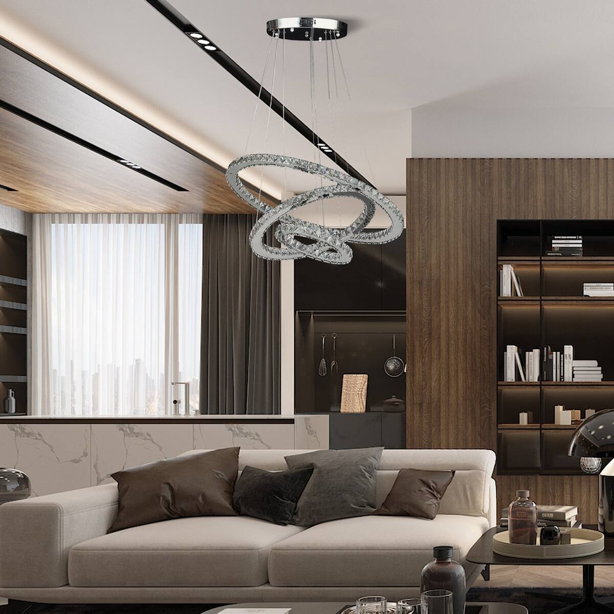 Angle. Loheer - Loheer Adjustable Height Crystal Chandelier Integrated Dimmable LED Triple Ring Ceiling Light.