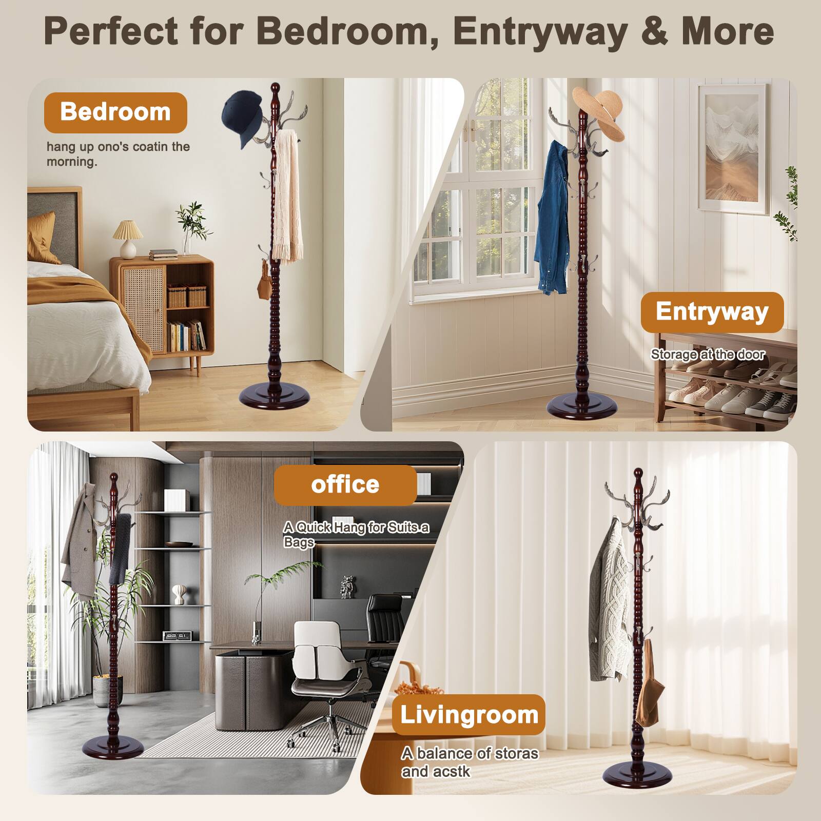 Alt View 5. Chateau Abodes - Solid Wood Coat Rack, Free Standing Hall Coat Tree with 14Hooks, 3 Height Options, 300lbs Load, Stury Base - Metal Phoenix Hook.