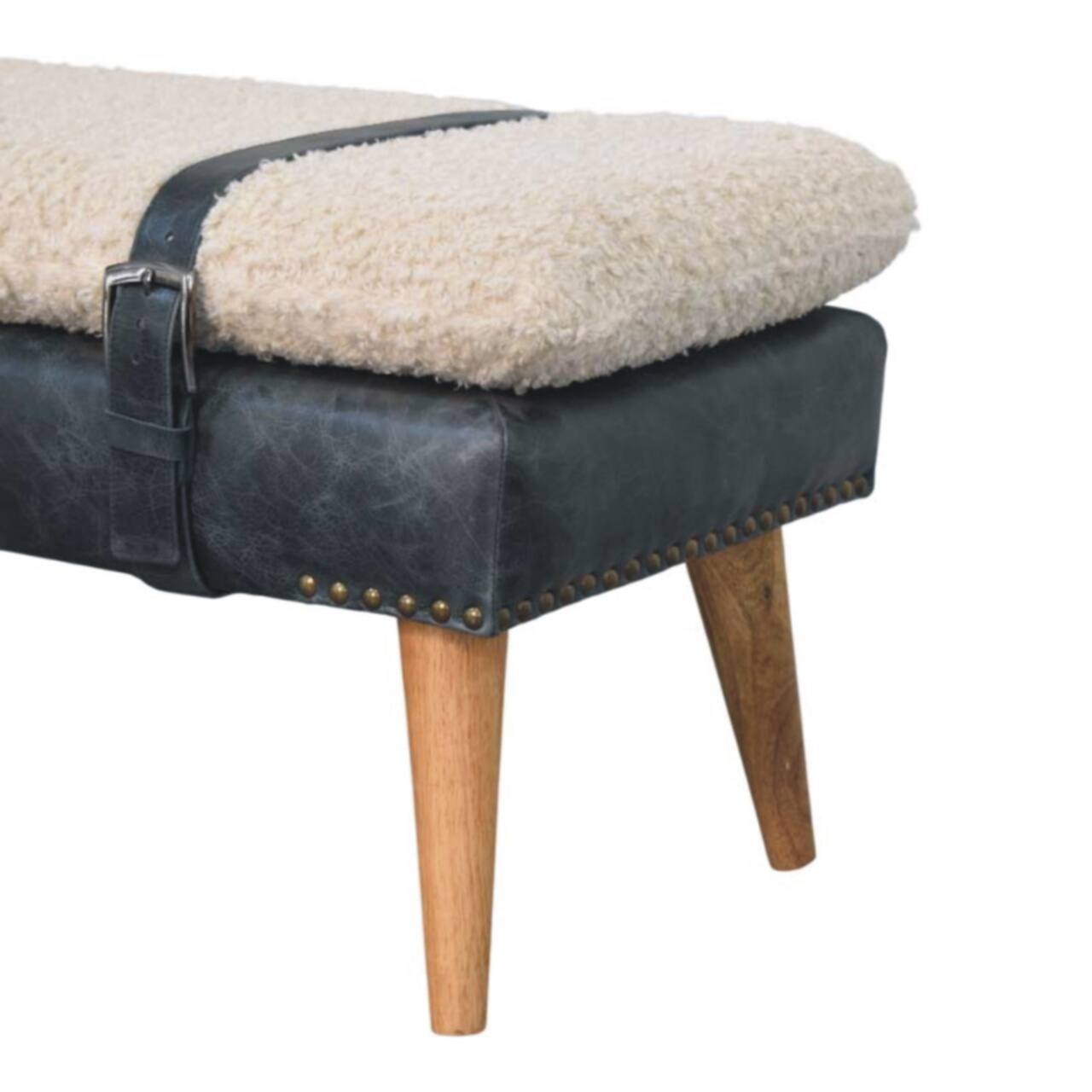 Alt View 3. Artisan Furniture - Artisan Furniture Solid Wood Boucle x Black Leather Bench, Upholstered, Black and White - Black and White.