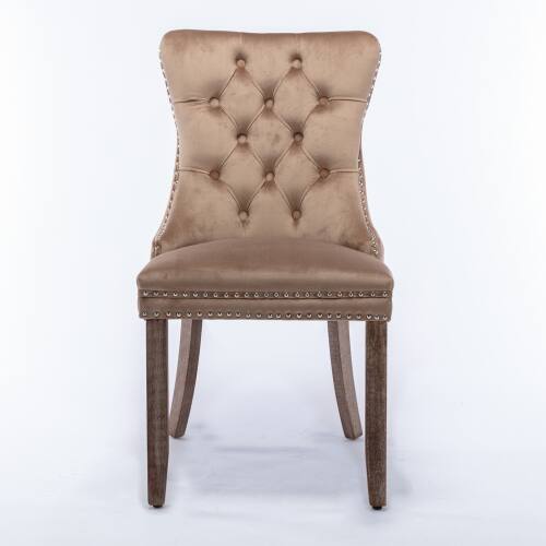 Angle. LUCKY ONE - Assembled Tufted Velvet Dining Chair Set of 2 with Wood Legs Nailhead Trim High Back - khaki.
