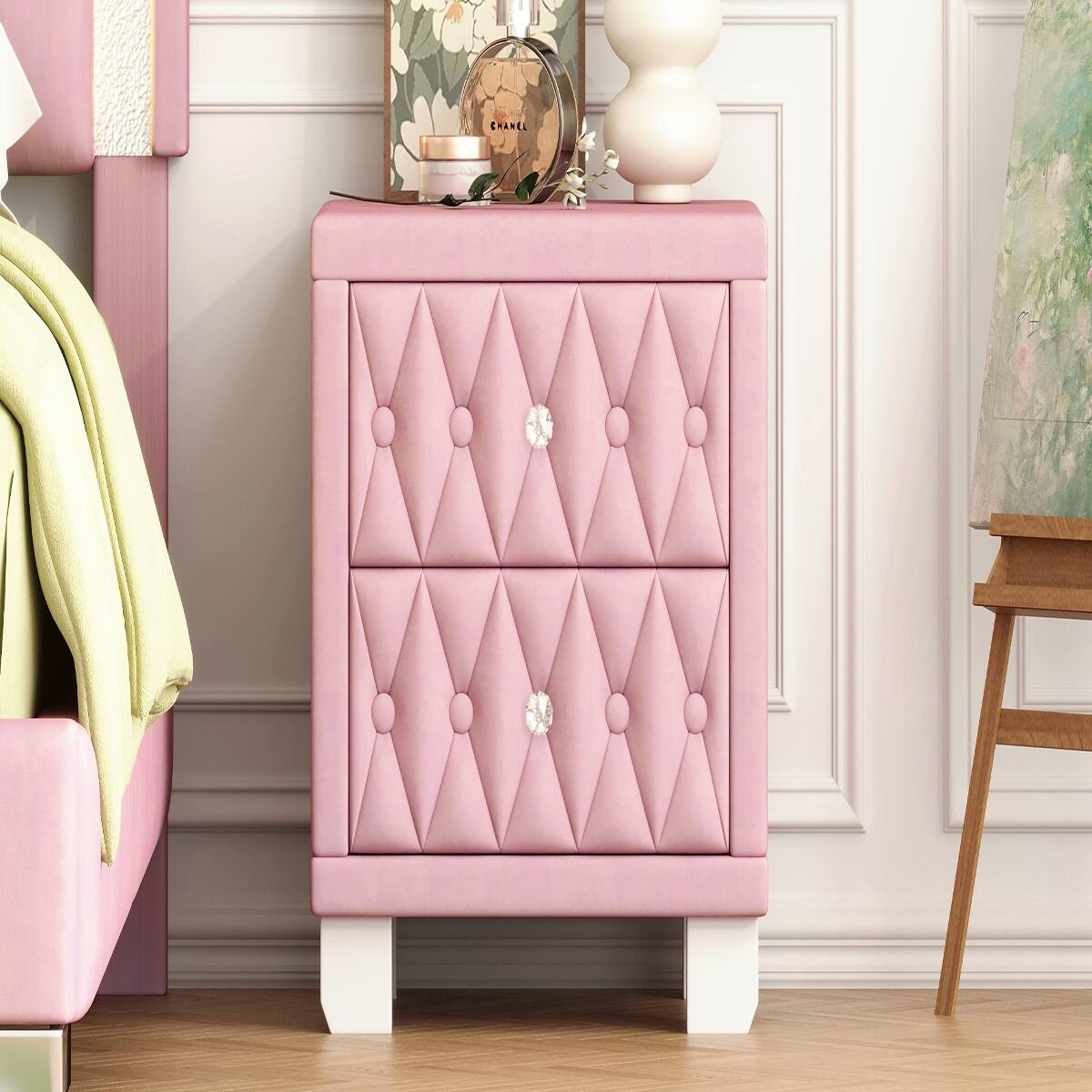 Alt View 7. Loheer - Loheer Pink Velvet Nightstand with Two Drawers, Button-Tufted Design and Crystal Handles, 18.1 in. - Pink.