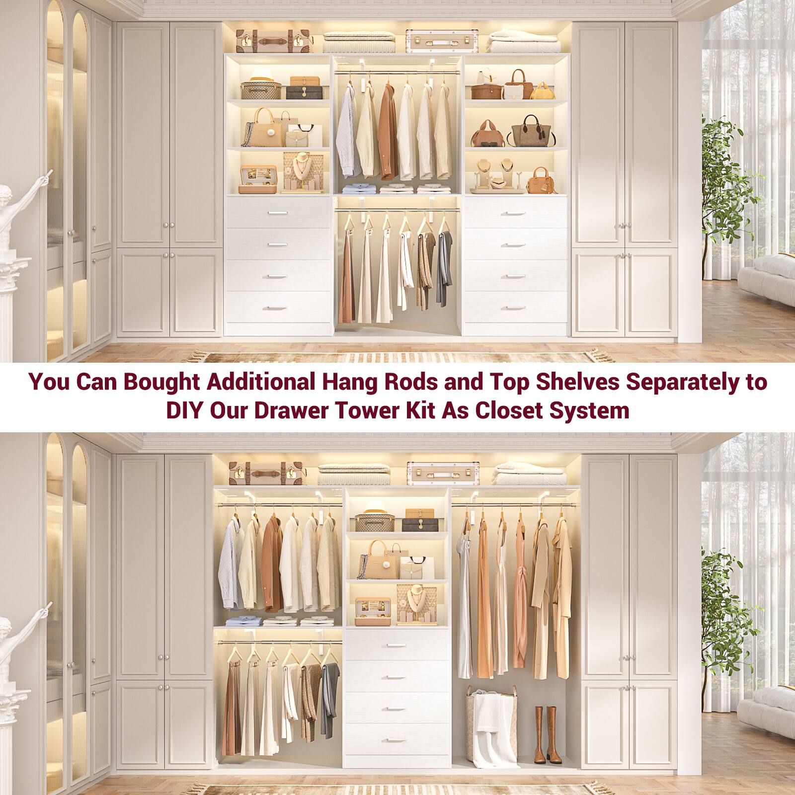 You Can Bought Additional Hang Rods and Top Shelves Separately to DIY Our Drawer Tower Kit As Closet System