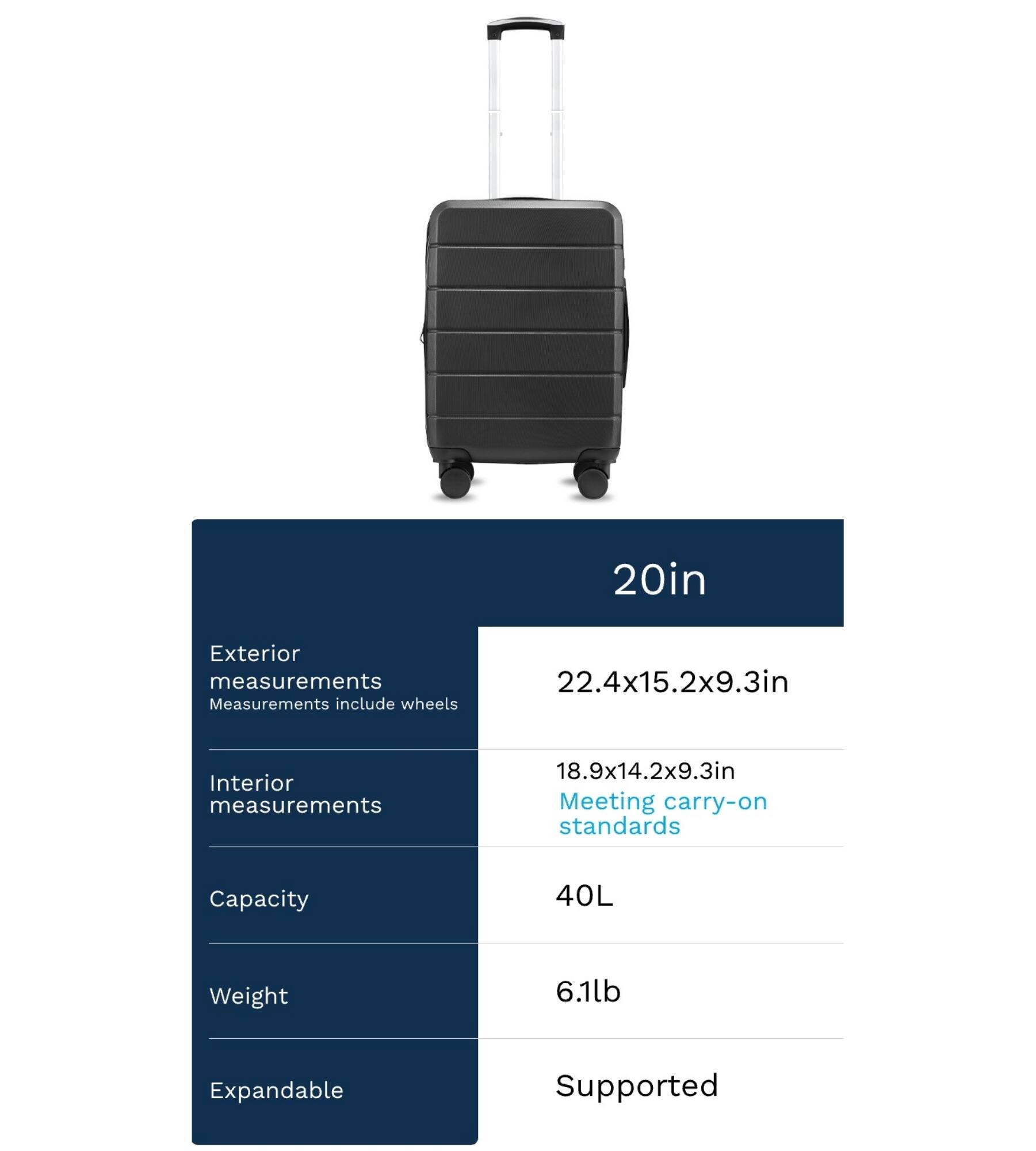 20in Exterior measurements  
Measurements include wheels  
22.4x15.2x9.3in  
Interior measurements  
18.9x14.2x9.3in  
Meeting carry-on standards  
Capacity  
40L  
Weight  
6.1lb  
Expandable  
Supported