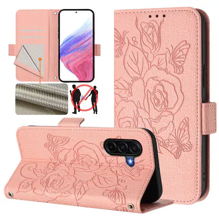 Front. Dteck - Embossed Texture Case for Samsung Galaxy A37 5G,Faux Leather Card Holder Wallet Case,Magnetic Closure Flip Cover + Strap - Pink.