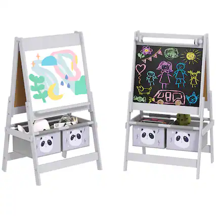 Front. Qaba - Art Easel for Kids with Paper Roll, 3 in 1 Toddler Painting Easel with Blackboard, Whiteboard, Storage Baskets.