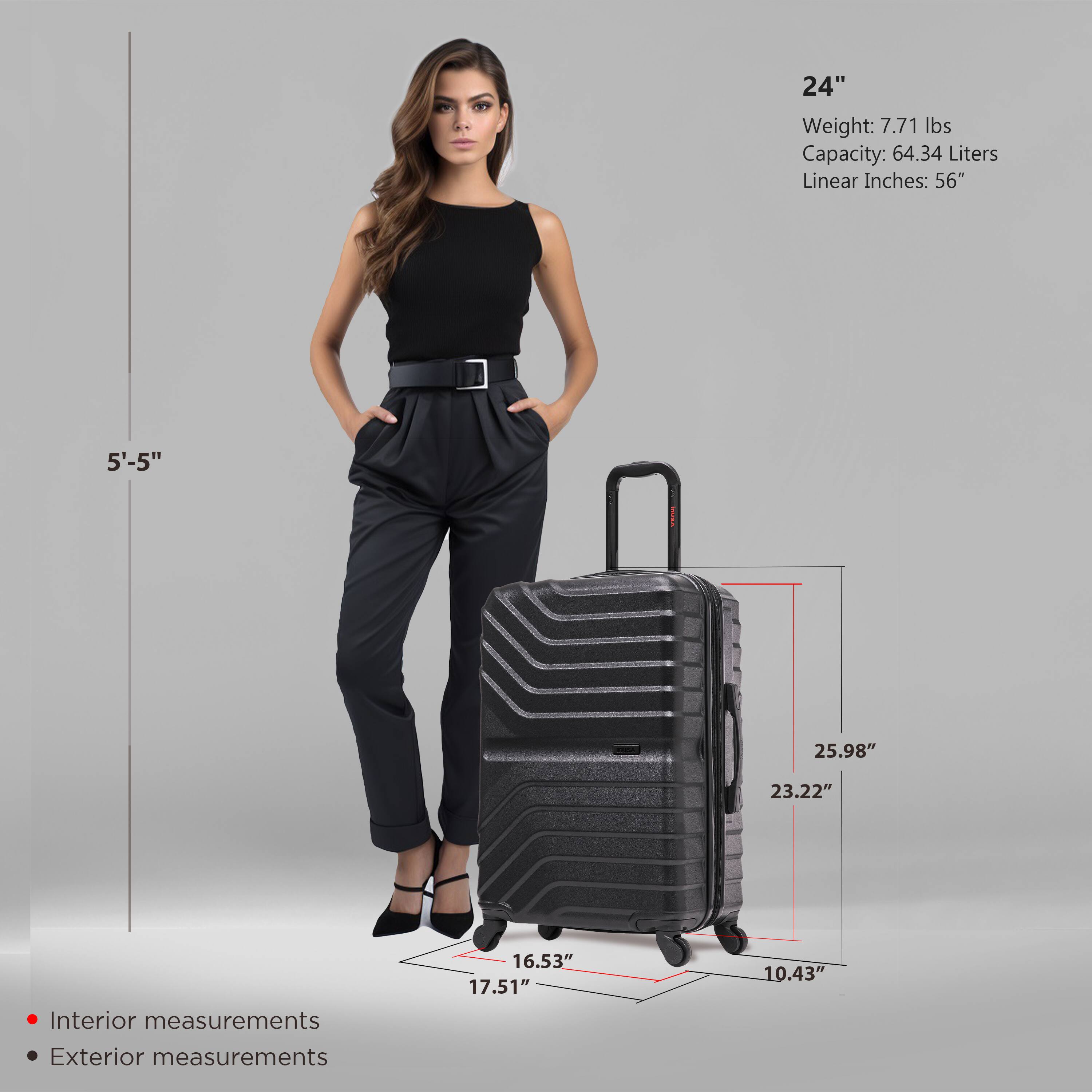 - **Size:** 24"
- **Weight:** 7.71 lbs
- **Capacity:** 64.34 Liters
- **Linear Inches:** 56"

**Interior Measurements:**
- 16.53"
- 17.51"
- 10.43"

**Exterior Measurements:**
- 25.98"
- 23.22"
- 10.43"

**Height Reference:**
- 5'-5"