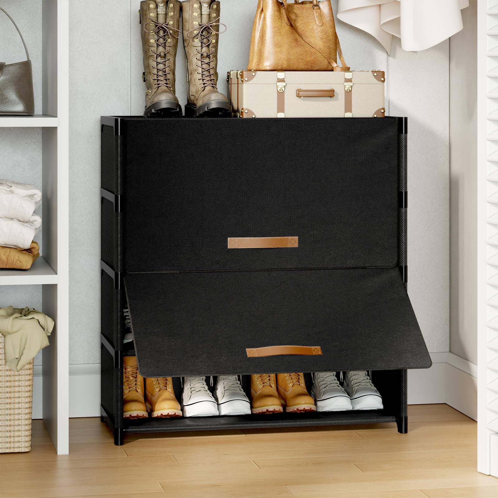 Alt View 1. Refined Abode Design - Shoe Rack Storage Cabinet With Door 20 Pair Plastic Shelves Organizer For Closet Entryway Hallway Bedroom - 3-tier.