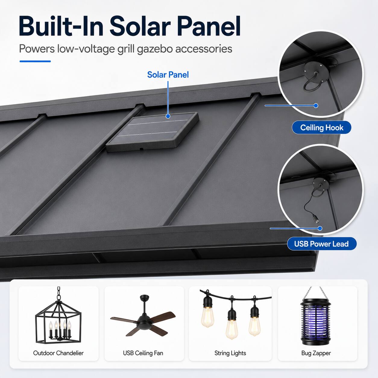 Built-In Solar Panel Powers low-voltage grill gazebo accessories

- Solar Panel
- Ceiling Hook
- USB Power Lead
- Outdoor Chandelier
- USB Ceiling Fan
- String Lights
- Bug Zapper