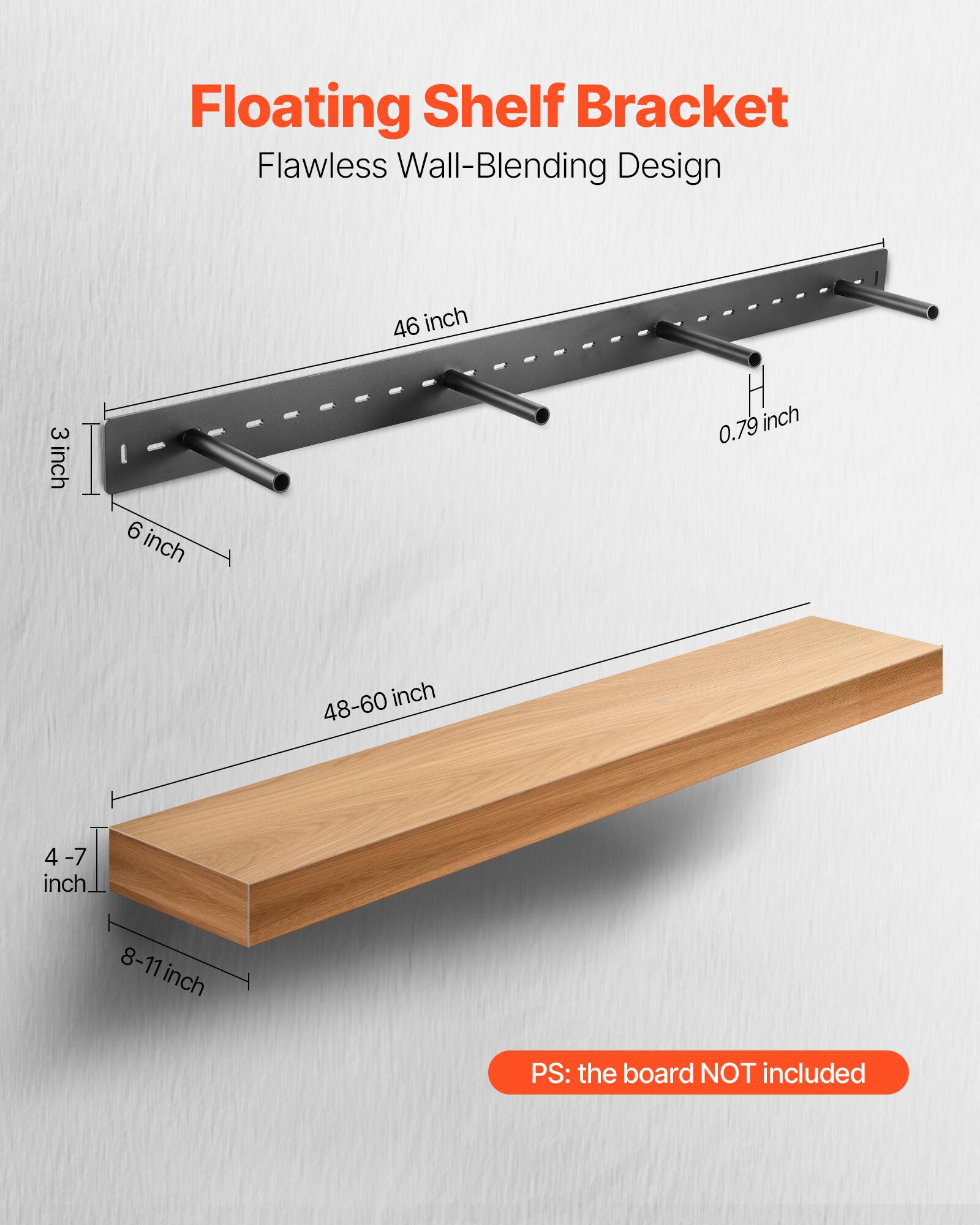 Floating Shelf Bracket, Flawless Wall-Blending Design, 46 inch, 3 inch, 6 inch, 0.79 inch, 48-60 inch, 4 -7 inch, 8-11inch, 8-11 inch, PS: the board NOT included