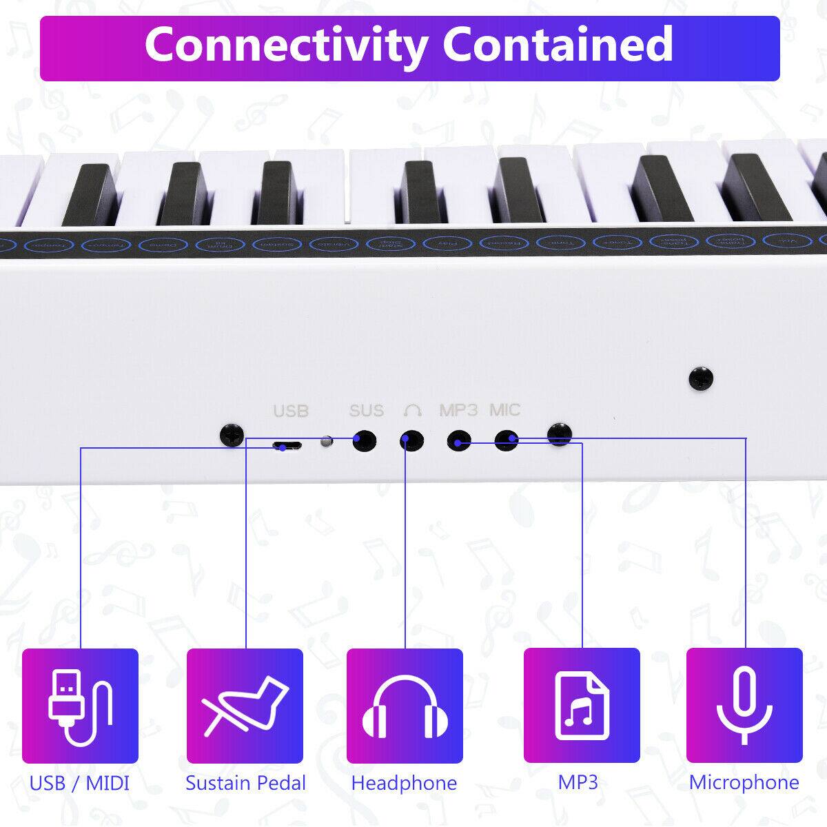 Connectivity Contained: USB, MIDI, Sustain Pedal, Headphone, MP3, Microphone